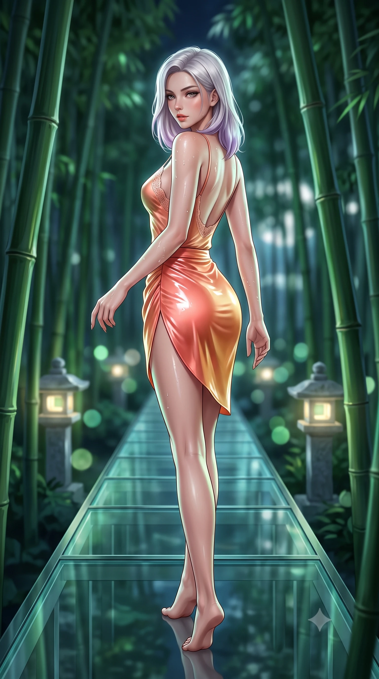 score_9, masterpiece, best quality, ultra-detailed, high-budget anime keyframe, semi-realistic 3D game render, editorial fashion photography, tasteful artistic composition, Caucasian woman. low angle full-body shot from head to toe showing her feet, filling the entire 9:16 vertical frame with her statuesque presence, stretching her vertical silhouette. walking along the terrace with poise, looking back over her bare shoulder with an irresistible smoldering bedroom-gaze while paused mid-step on the suspended glass walkway slicing through towering bamboo culms, arching her spine with ethereal siren poise as moonlight filters through green leaves. The background shows a soft-focus towering green bamboo stalks swaying in night breeze, glowing granite toro stone lanterns, and silver moonbeams blurred into emerald, moss-green, and pale silver bokeh. She has an absolutely perfect, statuesque 8.5-heads proportion, an exceptionally tall and slender model-like female figure with impossibly long slender legs, an ultra-slim waist, a flat toned midriff, narrow delicate ribcage, and beautifully sculpted feminine hips creating a graceful, slim hourglass silhouette without any bulky heaviness. sharp v-shaped jawline, high-bridge nose, sparkling eyes with hypnotic seductive depth, thick curled eyelashes, glossy parted lips with a natural dewy peach sheen, alluring bedroom-eyes with an enchanting coquettish smile, exuding magnetic siren charisma and sophisticated glamour, flawlessly proportioned anatomical accuracy, strict slender model proportions, natural body alignment, perfectly sculpted long slender limbs, ultra-slim waistline, clean dynamic posture without body distortion. wearing a delicate lace-trimmed silk camisole paired with a draped satin tulip mini skirt with high side slit in Bali tropical frangipani coral and warm honey, crafted from wet-look high-gloss vinyl fabric with dazzling specular surface reflections, finished with glistening drops of hot spring or lagoon water beading across her sculpted shoulders and collarbones, the precision-cut side openings and low-back scoop framing her graceful spine and the sensual sweep of her slim, toned hips. illuminated by glass walkway reflection bounce and sharp jade-platinum rim lights defining her razor-sharp jawline, narrow waist, and curvy hips. highly saturated vibrant anime colors, detailed shading with soft gradients, rich glossy textures, high-contrast stereoscopic depth, volumetric dynamic lighting, master piece, 9:16 ratio