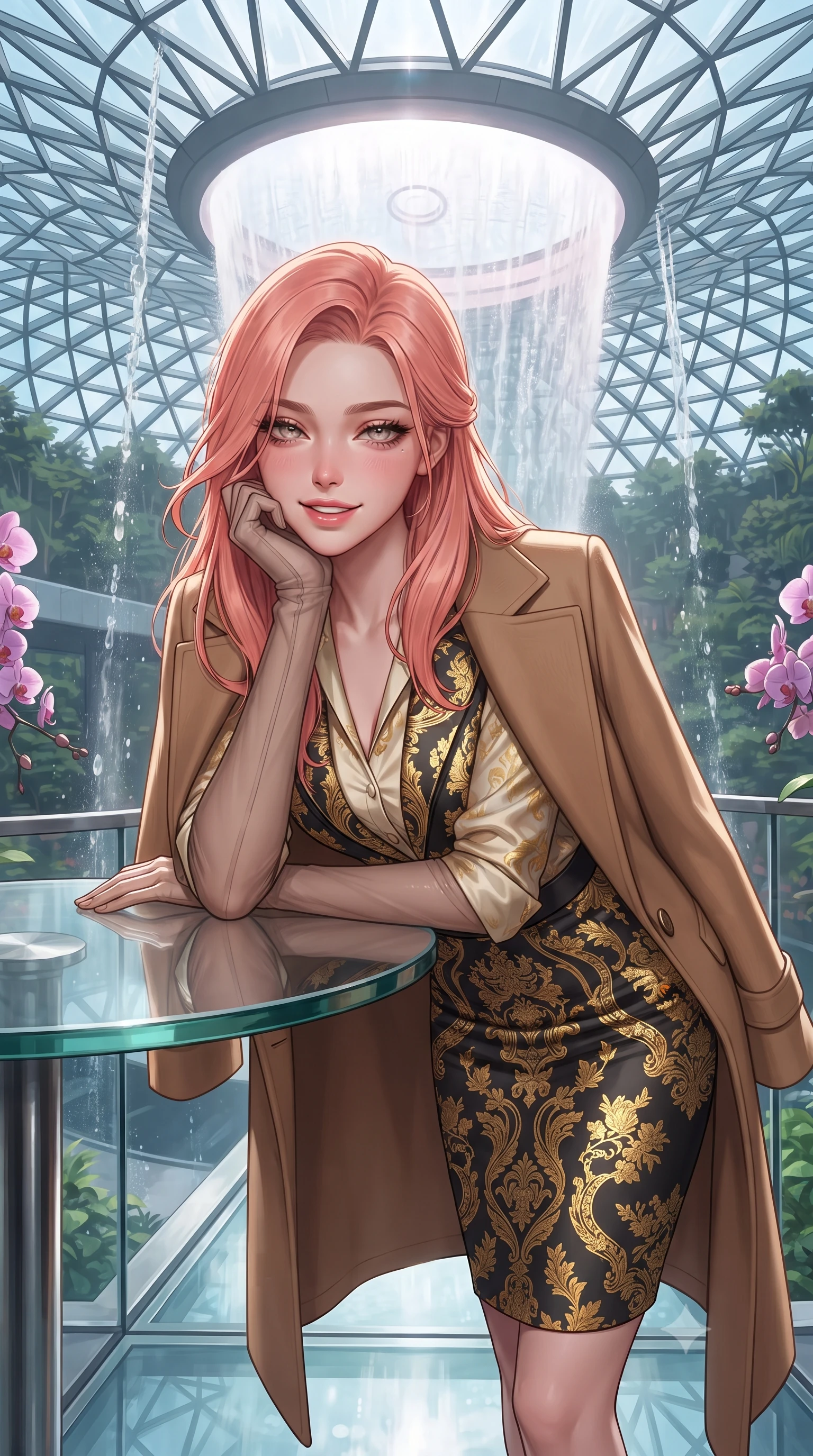 score_9, masterpiece, best quality, ultra-detailed, high-budget anime keyframe, editorial fashion photography, tasteful artistic composition, Japanese woman. close-up cowboy shot from the waist and thighs up, the character dominates the composition, filling the frame with her large presence. resting one elbow on the table and supporting her chin, leaning close to the camera with heavy-lidded sparkling eyes and parted lips while standing poised on the cantilevered glass skybridge beside the colossal 7-story indoor waterfall vortex cascading from the domed ceiling, arching her lower back with breathtaking siren grace. The surrounding environment is rendered in vivid detail and crisp panoramic clarity: sharp triangular diagrid glass dome framework, rushing water droplet streams in mid-air, and exotic orchid petal veins in deep focus. She has an exceptionally elegant, slender, and willowy female figure with an ultra-slim waist, flat toned midriff, narrow ribcage, and sculpted feminine hips creating an alluring, slim hourglass silhouette without bulk. sharp v-shaped jawline, high-bridge nose, intricate jewel-like sparkling eyes with depth, thick eyelashes, glossy parted lips with a natural peach sheen, bright cheerful beaming smile with an enchanting and coquettish sensual glint, exuding both youthful cute charm and seductive allure, flawlessly proportioned anatomical accuracy, strict slender model proportions, natural body alignment, perfectly sculpted long slender limbs, ultra-slim waistline, clean dynamic posture without body distortion. wearing a structured double-faced camel hair wrap coat draped over a tailored silk blouse and pencil skirt in Viennese golden secession noir and imperial 24k gold leaf, crafted from bespoke double-faced cashmere with an exceptionally soft tactile finish, complemented by sheer opera-length evening gloves tracing her slender arms, the bespoke structured tailoring following the natural line of her 8.5-heads silhouette with refined elegance. illuminated by waterfall spray specular bounce and sharp rainbow-platinum rim lights defining her dewy collarbones, ultra-slim waist, and curvy hips. ultra-reflective glossy finish, specular highlights, rich textural contrasts, high-contrast stereoscopic depth, volumetric dynamic lighting, 2k, ultra detail, master piece, 9:16 ratio