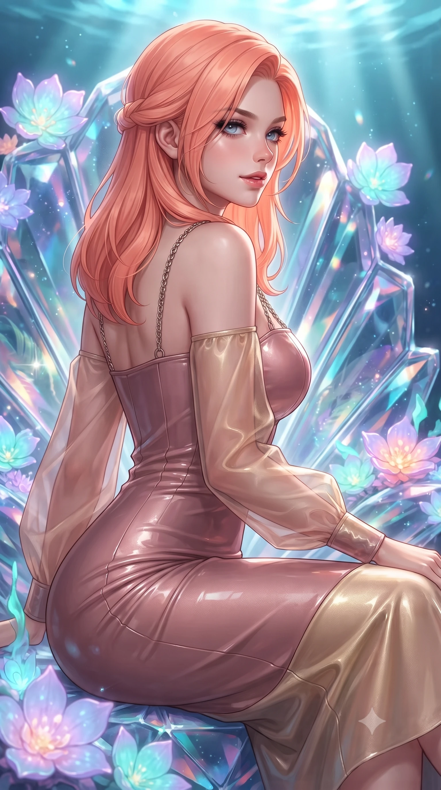 score_9, masterpiece, best quality, ultra-detailed, high-budget anime keyframe, editorial fashion photography, tasteful artistic composition, Japanese woman. close-up cowboy shot from the waist and thighs up, the character dominates the composition, filling the frame with her large presence, background elements kept in soft focus. Glancing sidelong over her shoulder with a smoldering half-smile and heavy lashes poised on an abyssal prism shell throne bathed in sunlit ocean rays, glowing coral blossoms emitting soft aqua and lavender light. She has an exceptionally elegant, slender, and willowy female figure with an ultra-slim waist, a gracefully sculpted slender torso, and a refined silhouette. sharp v-shaped jawline, high-bridge nose, intricate jewel-like eyes with depth, thick eyelashes, glossy lips with a natural sheen. wearing a sleek bodycon knit dress with sheer organza sleeve panels in dusty rose and champagne gold, tailored from high-gloss patent leather, adorned with delicate metallic chain straps along the neckline, the sleek second-skin texture accentuating her magnetic presence. surrounded by a shimmering ocean aura with bright pearl-white rim lights. ultra-reflective glossy finish, specular highlights, metallic sheen, high-contrast stereoscopic depth, volumetric dynamic lighting, 2k, ultra detail, master piece, 9:16 ratio