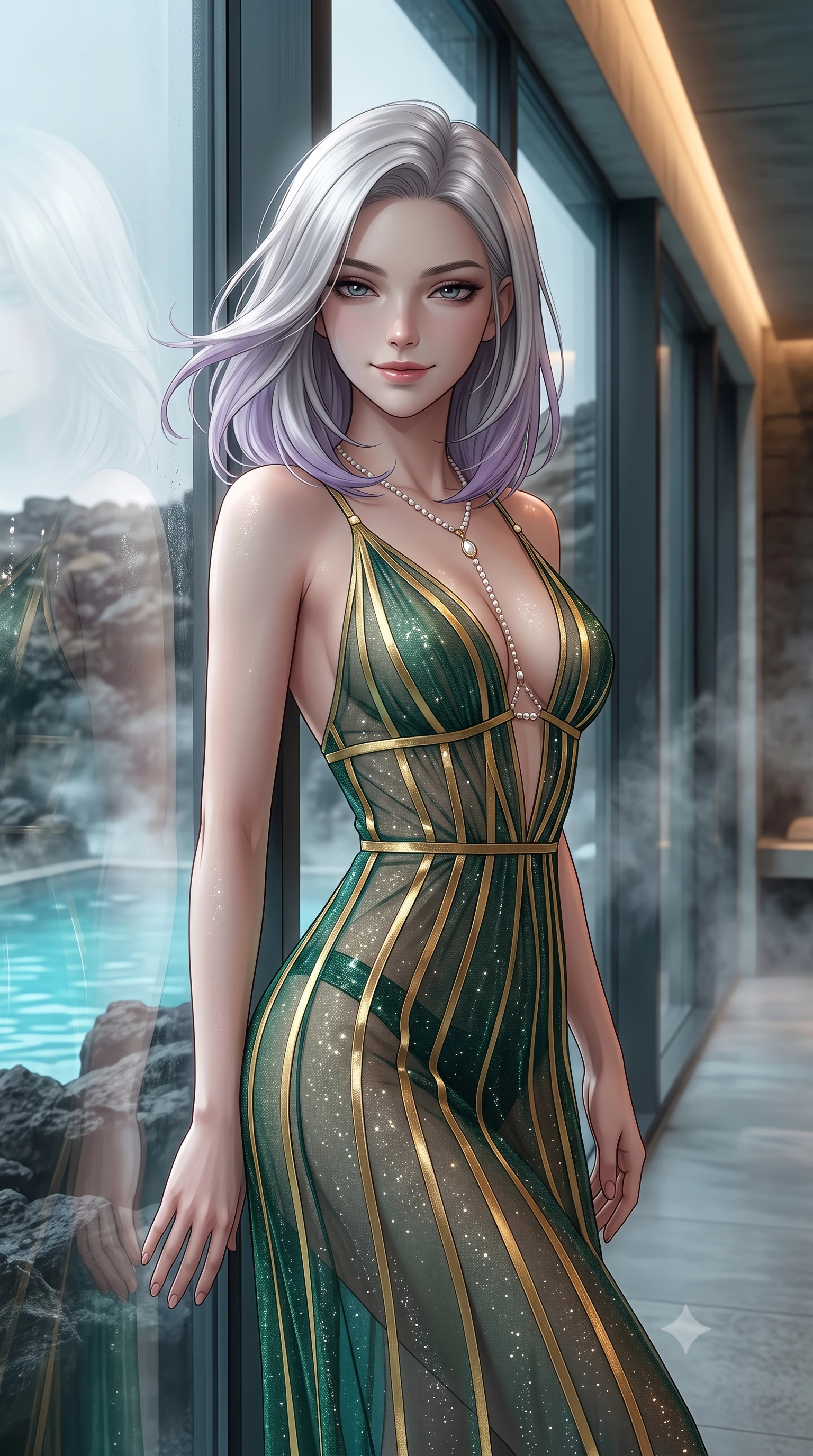 score_9, masterpiece, best quality, ultra-detailed, high-budget anime keyframe, editorial fashion photography, tasteful artistic composition, Caucasian woman. close-up cowboy shot from the waist and thighs up, the character dominates the composition, filling the frame with her large presence. turning slowly with an enchanting smoldering smile, her glossy hair tossing in the breeze as her hips angle gracefully in a captivating contrapposto while leaning against the floor-to-ceiling panoramic glass wall with hips cocked back, looking through rising thermal vapor with heavy-lidded bedroom-eyes. The surrounding environment is rendered in vivid detail and crisp panoramic clarity: detailed garment lines, wet cling or sheer fit, and Icelandic volcanic architecture in razor-sharp precision. She has an exceptionally elegant, slender, and willowy female figure with an ultra-slim waist, flat toned midriff, narrow ribcage, and sculpted feminine hips creating an alluring, slim hourglass silhouette without bulk. sharp v-shaped jawline, high-bridge nose, intricate jewel-like sparkling eyes with depth, thick eyelashes, glossy parted lips with a natural peach sheen, bright cheerful beaming smile with an enchanting and coquettish sensual glint, exuding both youthful cute charm and seductive allure, flawlessly proportioned anatomical accuracy, strict slender model proportions, natural body alignment, perfectly sculpted long slender limbs, ultra-slim waistline, clean dynamic posture without body distortion. wearing a plunge-front sheer illusion tulle slip dress with liquid gold ribbon stripes hugging her curves in Bavarian alpine spruce green and Neuschwanstein gilded gold, woven from stretch metallic lurex jersey casting radiant starlight glints across her curves, accented with a pearl-drop body harness subtly framing her dewy collarbones and spine, the liquid-tight tailored fabric clinging flawlessly to her narrow waist and rounded feminine hips, emphasizing every millimeter of her sculpted slim hourglass curves without any bulky heaviness. bathed in underwater pool turquoise-cyan LEDs combined with soft warm 2700K interior cove lighting through glass. ultra-reflective glossy finish, specular highlights, rich textural contrasts, high-contrast stereoscopic depth, volumetric dynamic lighting, 2k, ultra detail, master piece, 9:16 ratio