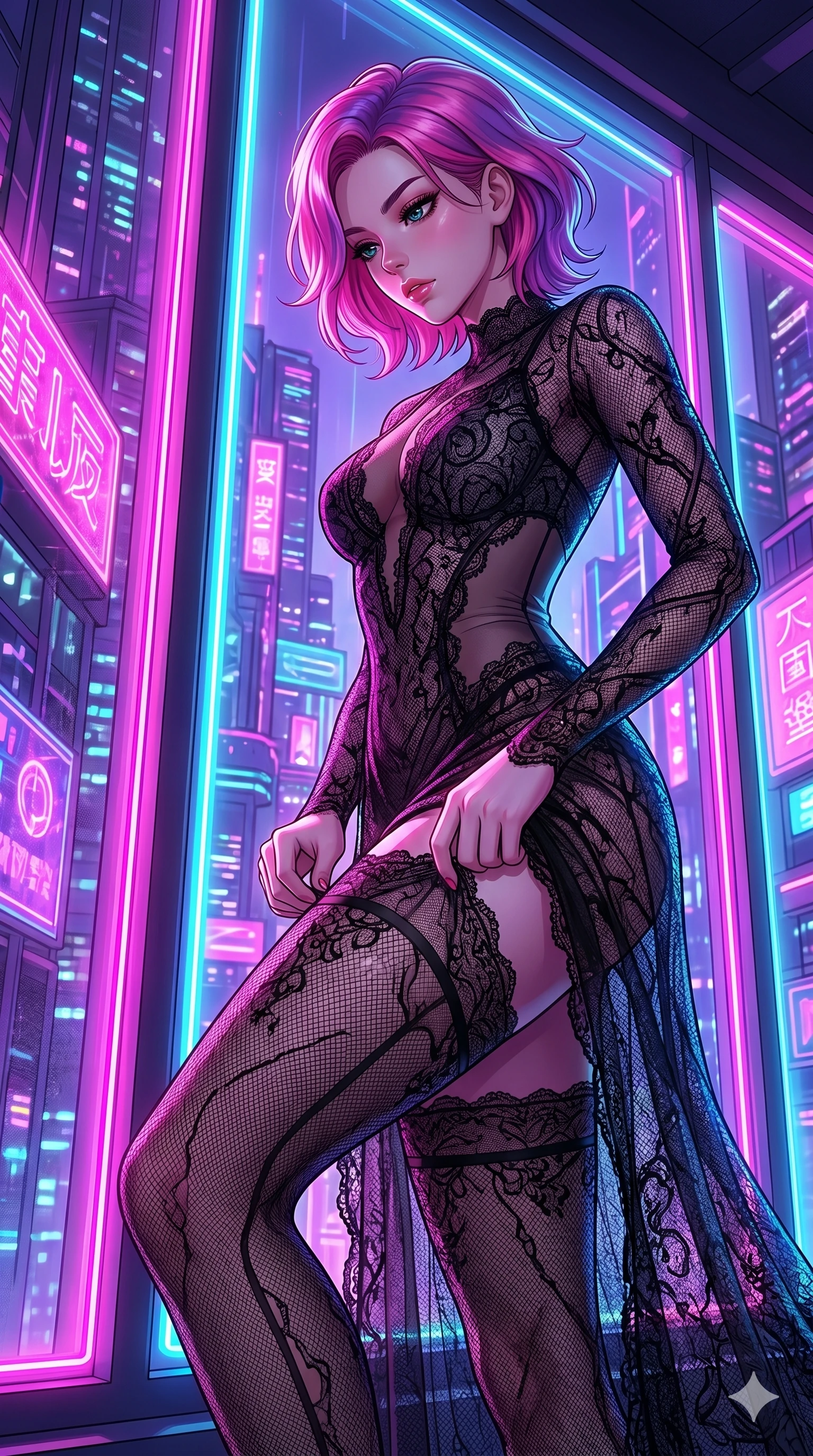 score_9, masterpiece, best quality, ultra-detailed, High-budget Anime Keyframe, East Asian woman. Low angle cowboy shot filling the entire 9:16 frame with her statuesque presence. Scenario 77: Adjusting her thigh-high stocking by a glowing neon window. Her presence is magnetic and overpowering in this high-budget anime scene. Outfit 77: A micro-mesh lace long with a sheer panels and delicate lace embroidery. The clothing is designed to emphasize her exceptionally tall and slender 8-heads proportion. 8-heads proportion, towering silhouette, ultra-slim waist. sharp v-shaped jawline, intricate jewel-like eyes with depth, thick eyelashes, glossy lips. 2k, ultra detail, master piece, 9:16 ratio