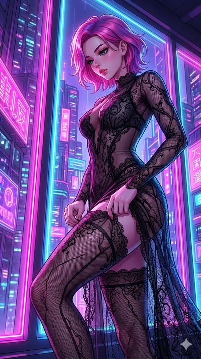 score_9, masterpiece, best quality, ultra-detailed, High-budget Anime Keyframe, East Asian woman. Low angle cowboy shot filling the entire 9:16 frame with her statuesque presence. Scenario 77: Adjusting her thigh-high stocking by a glowing neon windo