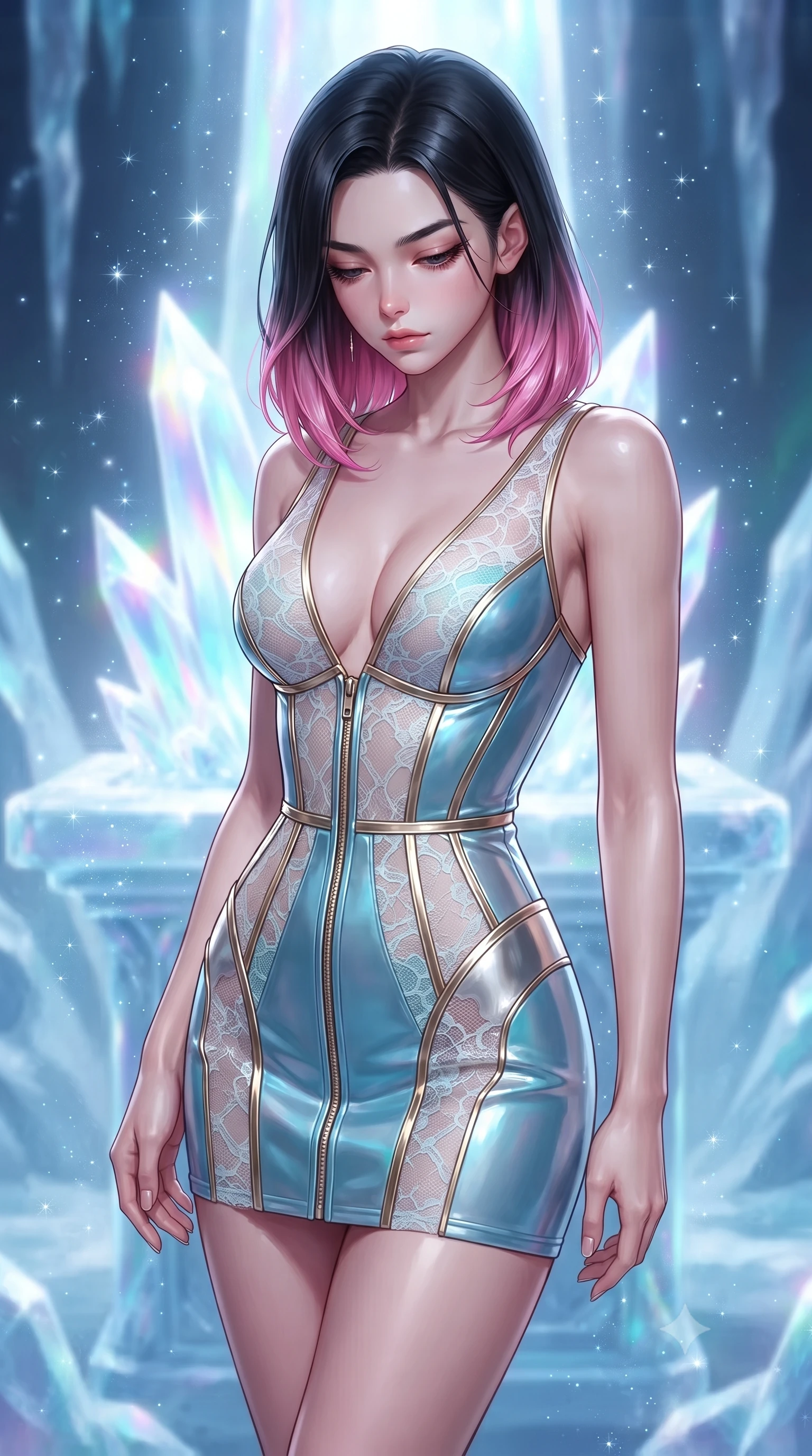 score_9, masterpiece, best quality, ultra-detailed, high-budget anime keyframe, editorial fashion photography, tasteful artistic composition, Korean woman. close-up cowboy shot from the waist and thighs up, the character dominates the composition, filling the frame with her large presence, background elements kept in soft focus. Looking down with lowered lashes and a composed, powerful aura, poised before a frozen aurora crystal altar glowing with intense iridescent light, fine diamond dust frost glittering like stars in the cool ambient air. She has an exceptionally elegant, slender, and willowy female figure with an ultra-slim waist, a gracefully sculpted slender torso, and a refined silhouette. sharp v-shaped jawline, high-bridge nose, intricate jewel-like eyes with depth, thick eyelashes, glossy lips with a natural sheen. wearing deep V-neck corset bodice mini dress with sheer white lace panels in sky blue turquoise, made of sculpted platinum chrome, finished with metallic gold boning and sleek zipper points, accentuating her gracefully sculpted slender torso. bathed in brilliant cold silver moonlight and vibrant polar light reflections. highly saturated vibrant anime colors, detailed shading with soft gradients, rich glossy textures, high-contrast stereoscopic depth, volumetric dynamic lighting, master piece, 9:16 ratio