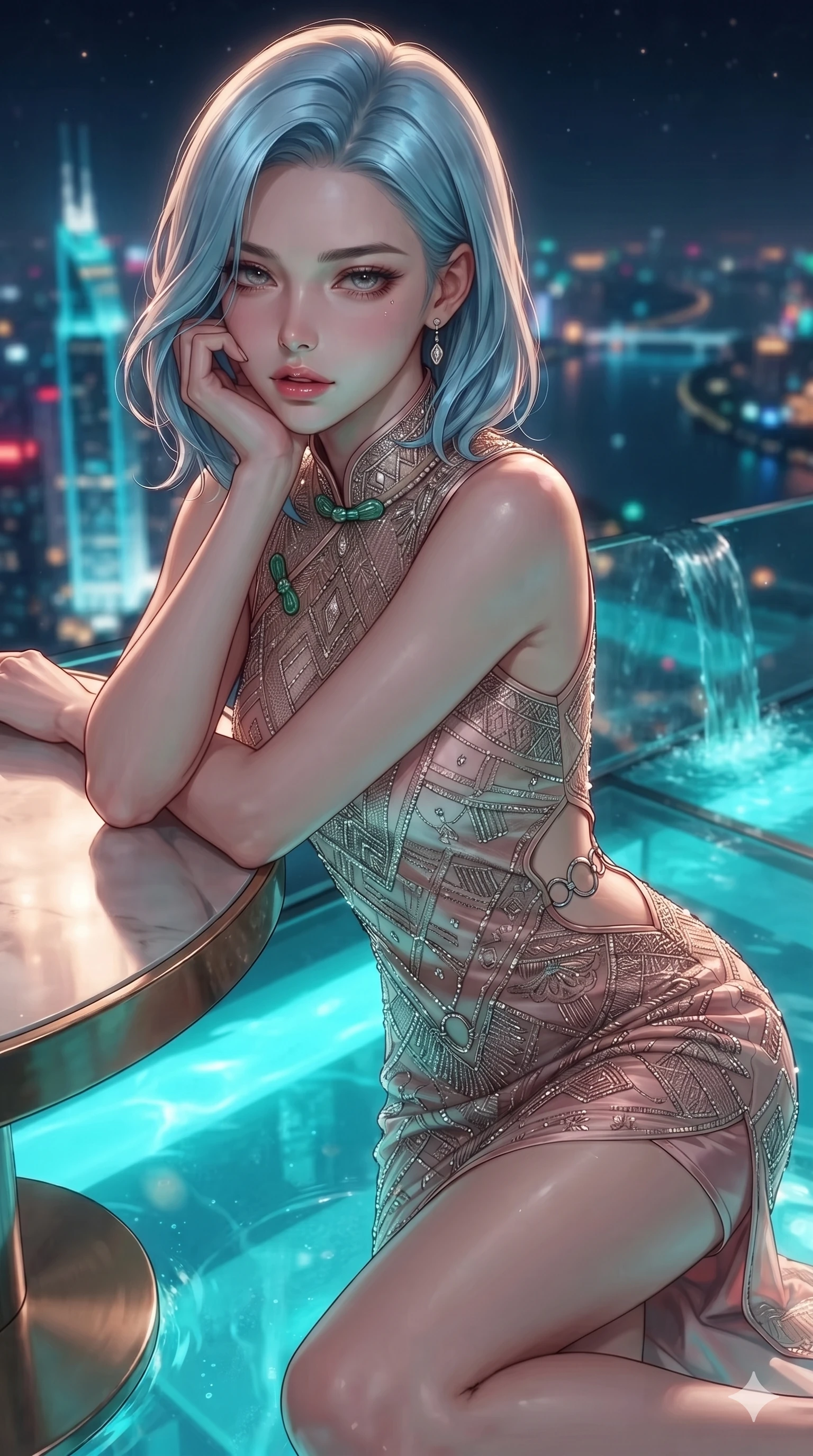 score_9, masterpiece, best quality, ultra-detailed, high-budget anime keyframe, editorial fashion photography, tasteful artistic composition, Korean woman. close-up cowboy shot from the waist and thighs up, the character dominates the composition, filling the frame with her large presence. resting one elbow on the table and supporting her chin, leaning close to the camera with heavy-lidded sparkling eyes and parted lips while standing poised at the outer edge of the transparent glass pool, arching her lower back with sovereign supermodel grace as water spills into the night air. The background shows a soft-focus glowing turquoise water ripples over transparent acrylic, soaring neon skyscraper spires below, and distant river bends blurred into turquoise, sapphire, and amber bokeh. She has an exceptionally elegant, slender, and willowy female figure with an ultra-slim waist, flat toned midriff, narrow ribcage, and sculpted feminine hips creating an alluring, slim hourglass silhouette without bulk. sharp v-shaped jawline, high-bridge nose, intricate jewel-like sparkling eyes with depth, thick eyelashes, glossy parted lips with a natural sheen, intensely captivating and seductive bedroom-eyes expression, exuding both youthful cute charm and sovereign luxury allure, flawlessly proportioned anatomical accuracy, strict slender model proportions, natural body alignment, perfectly sculpted long slender limbs, ultra-slim waistline, clean dynamic posture without body distortion. wearing a sheer vintage mesh flapper dress adorned with intricate geometric beadwork over an opaque silk micro-slip in rose-quartz blush and burnished copper, adorned with delicate chrome ring hardware and cutouts along her slender waist, finished with sleek jade frog closures glinting along her high collar, the form-contouring cut accentuating her sculpted flat midriff, narrow delicate ribcage, and gracefully curvy hips with intoxicating allure. bathed in the vibrant underwater turquoise illumination filtering through the glass floor mixed with warm overhead starlight. ultra-reflective glossy finish, specular highlights, rich textural contrasts, high-contrast stereoscopic depth, volumetric dynamic lighting, 2k, ultra detail, master piece, 9:16 ratio