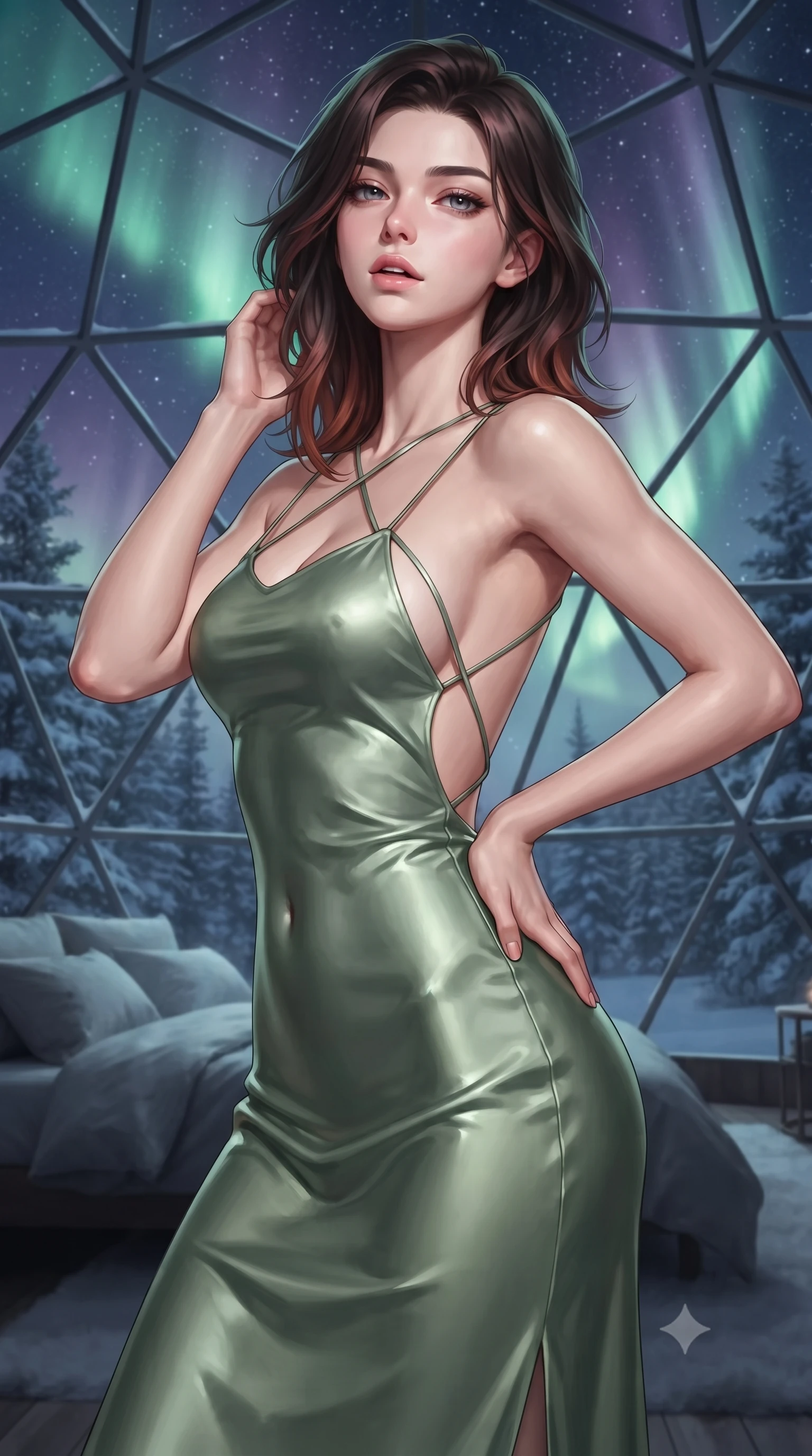 score_9, masterpiece, best quality, ultra-detailed, high-budget anime keyframe, editorial fashion photography, tasteful artistic composition, Korean woman woman. close-up cowboy shot from the waist and thighs up, the character dominates the composition, filling the frame with her large presence, background elements kept in soft focus. tilting her chin up slightly with lips parted in a composed, provocative expression the background shows a soft-focus a geodesic glass dome bedroom in a snowy forest, looking at stars and aurora. She has an exceptionally elegant, slender, and willowy female figure with an ultra-slim waist, a gracefully sculpted slender torso, and a refined silhouette. sharp v-shaped jawline, high-bridge nose, intricate jewel-like eyes with depth, thick eyelashes, glossy lips with a natural sheen. wearing a form-contouring lightweight silk sundress in sage green with a dramatic open-back and thin criss-cross straps. soft green and violet aurora polaris curtains wrapping the room in celestial glow. ultra-reflective glossy finish, specular highlights, metallic sheen, high-contrast stereoscopic depth, volumetric dynamic lighting, 2k, ultra detail, master piece, 9:16 ratio