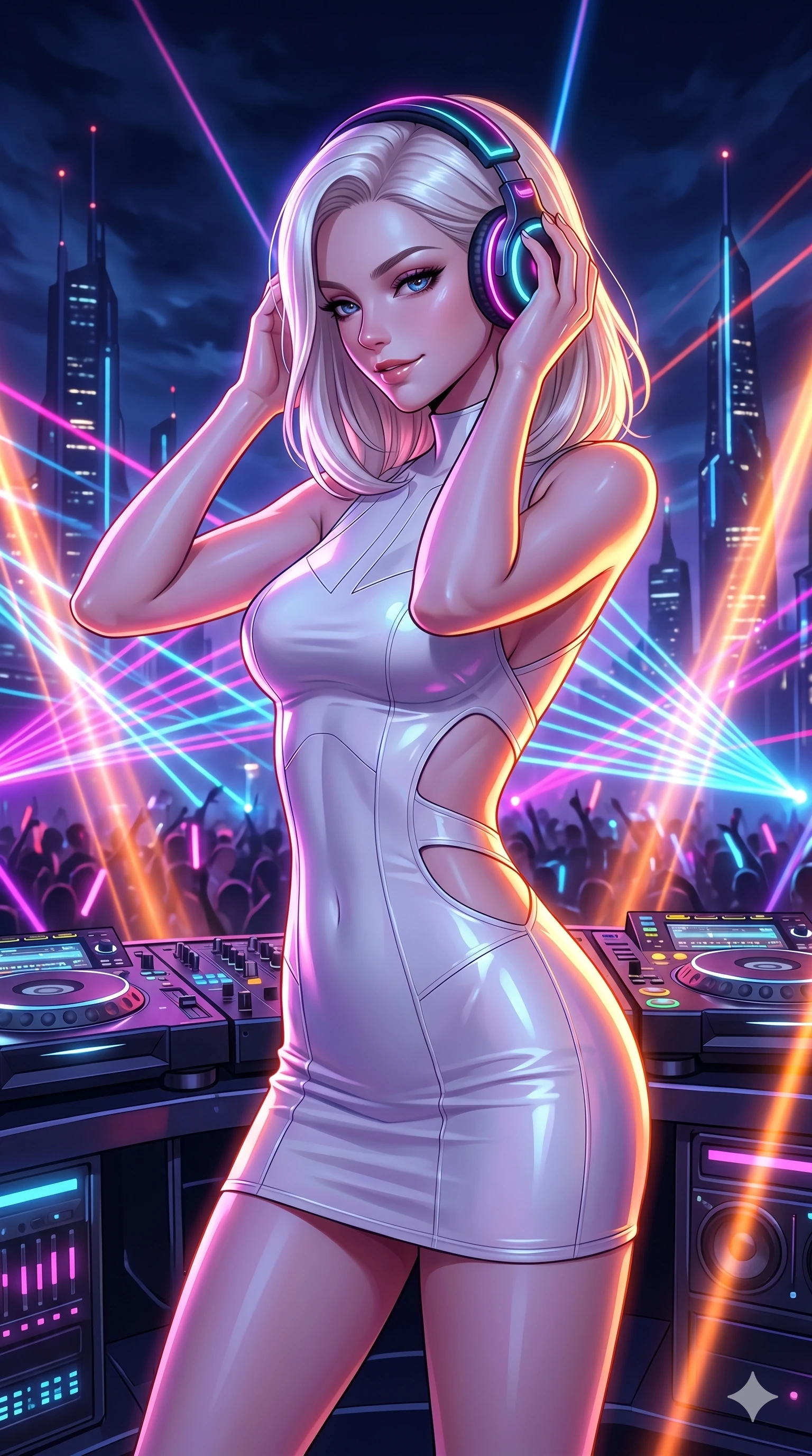 score_9, masterpiece, best quality, ultra-detailed, high-budget anime keyframe, semi-realistic 3D game render, Caucasian woman, strictly human ears. Upper body close-up from the thighs up, character filling the screen for maximum presence. She is adjusting glowing neon headphones at a futuristic rooftop DJ booth. She sways to the music, glancing down at the crowd below with a confident, mesmerizing smile. She has an absolutely perfect 8-heads proportion, an exceptionally tall and slender female figure with impossibly long slender legs and an ultra-slim waist. V-shaped jawline, high-bridge nose, intricate jewel-like eyes with depth, thick eyelashes, glossy lips with a natural sheen. She is wearing a second-skin fashion-latex mini dress with a clean architectural front, featuring an open-back design that wraps around the sides of her waist, showcasing her slender silhouette. The scene is lit by brilliant neon club laser beams and bright orange key lights tracing her curves. 2k, ultra detail, master piece, 9:16 ratio