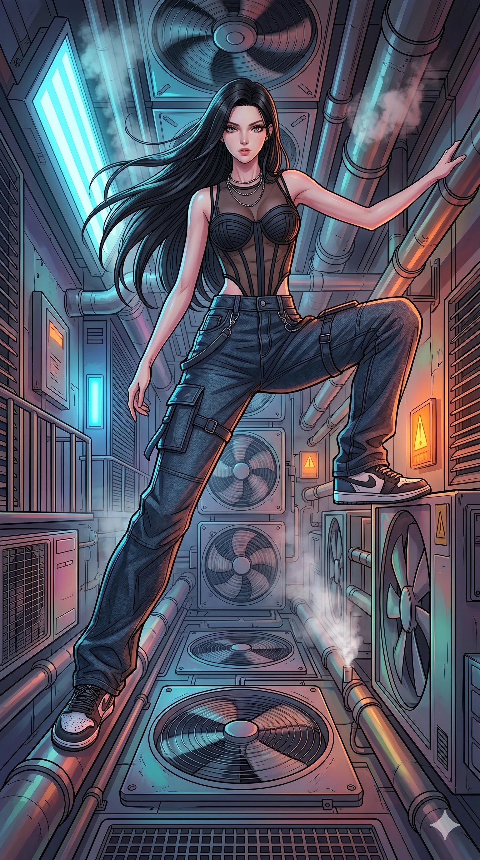 score_9, masterpiece, best quality, ultra-detailed, high-budget anime movie keyframe, cinematic anime lighting, intricate line art, Japanese anime girl. Dynamic full-body shot stretching the vertical silhouette with extreme perspective. navigating a corridor of spinning fans and steam pipes. She has an absolutely perfect 8-heads proportion, an exceptionally tall and slender female figure with an ultra-slim waist and impossibly long slender legs. strictly human anatomy, two legs only, no extra limbs, clearly defined legs and arms, perfect anatomy, perfect hands and fingers. sharp v-shaped jawline, high-bridge nose, intricate jewel-like eyes, thick eyelashes, glossy lips. Wearing Urban Trendsetter: Ribbed bodycon dress, crop top with high-waist denim, and sheer corset with cargo pants. The scene is illuminated by dramatic atmospheric lighting and vibrant color palettes. , 2k, ultra detail, master piece, 9:16 ratio