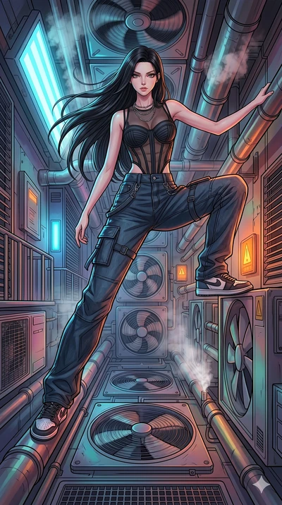 score_9, masterpiece, best quality, ultra-detailed, high-budget anime movie keyframe, cinematic anime lighting, intricate line art, Japanese anime girl. Dynamic full-body shot stretching the vertical silhouette with extreme perspective. navigating a 