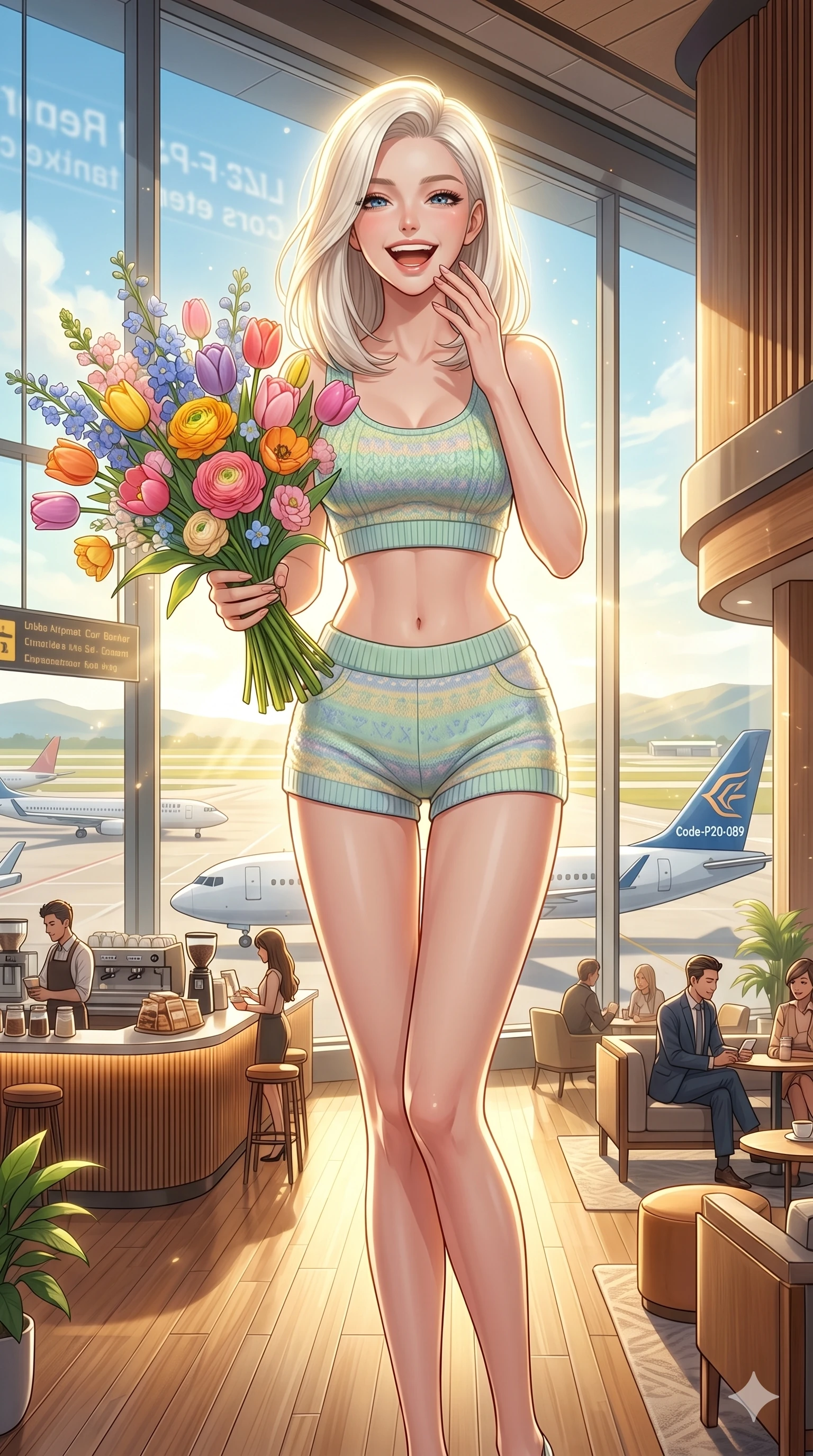score_9, masterpiece, best quality, ultra-detailed, high-budget anime keyframe, vibrant anime aesthetic, Caucasian woman, strictly human ears. cowboy shot from the thighs up, character and outfit filling the frame for maximum presence. She is posing with a cheerful laugh while holding a colorful spring bouquet inside a premium airport lounge with runway views (Code-P20-089). She has an absolutely perfect 8-heads proportion, an exceptionally tall and slender female figure with impossibly long slender legs and an ultra-slim waist. V-shaped jawline, high-bridge nose, intricate jewel-like eyes with depth, thick eyelashes, glossy lips with a natural sheen. wearing a crop top showing her bare midriff and micro-shorts in knit. She is drenched in brilliant midday sunbeams, casting a radiant halo around her hair. 2k, ultra detail, master piece, 9:16 ratio