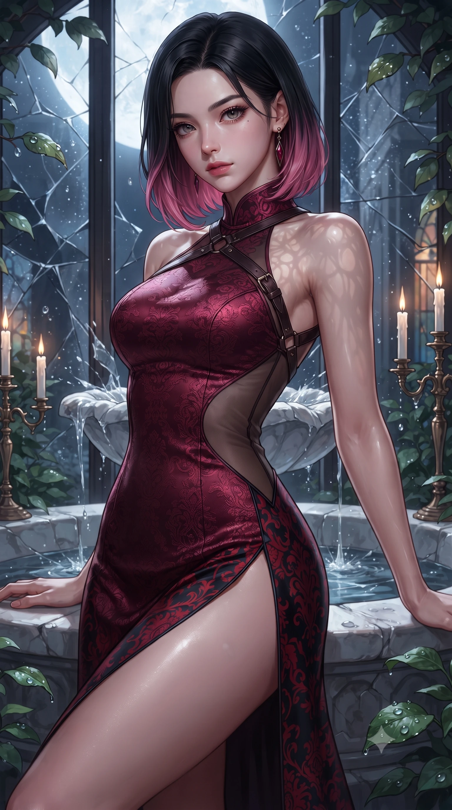 score_9, masterpiece, best quality, ultra-detailed, high-budget anime keyframe, editorial fashion photography, tasteful artistic composition, Korean woman. close-up cowboy shot from the waist and thighs up, the character dominates the composition, filling the frame with her large presence. leaning back with relaxed seductive grace, her sculpted collarbones highlighted by light, casting smoldering bedroom-eyes directly into the lens while arching her spine in a fluid, serpentine curve against a shattered marble fountain as silver moonlight filters through stained glass. The surrounding environment is rendered in vivid detail and crisp panoramic clarity. detailed moonlight reflections on glass panels, dew droplets on leaves, and antique candelabras in high clarity. She has an exceptionally elegant, slender, and willowy female figure with an ultra-slim waist, a gracefully sculpted slender torso, toned flat midriff, and a refined slim silhouette. sharp v-shaped jawline, high-bridge nose, intricate jewel-like eyes with depth, thick eyelashes, glossy parted lips with a natural sheen, intensely captivating and seductive expression, flawlessly proportioned anatomical accuracy, strict slender model proportions, natural body alignment, perfectly sculpted long slender limbs, ultra-slim waistline, clean dynamic posture without body distortion. wearing a high-collar burgundy duchess satin gown with asymmetrical sheer side panels and thigh slit in midnight obsidian black and blood crimson, made of rich textured jacquard silk with baroque gold thread, featuring an open-back criss-cross harness strap in dark leather, the glove-like aerodynamic second-skin fit tightly clinging to her ultra-slender waist and feminine curves without adding bulk. surrounded by a seductive, aristocratic, and dangerously alluring vampire queen aura. ultra-reflective glossy finish, specular highlights, rich textural contrasts, high-contrast stereoscopic depth, volumetric dynamic lighting, 2k, ultra detail, master piece, 9:16 ratio