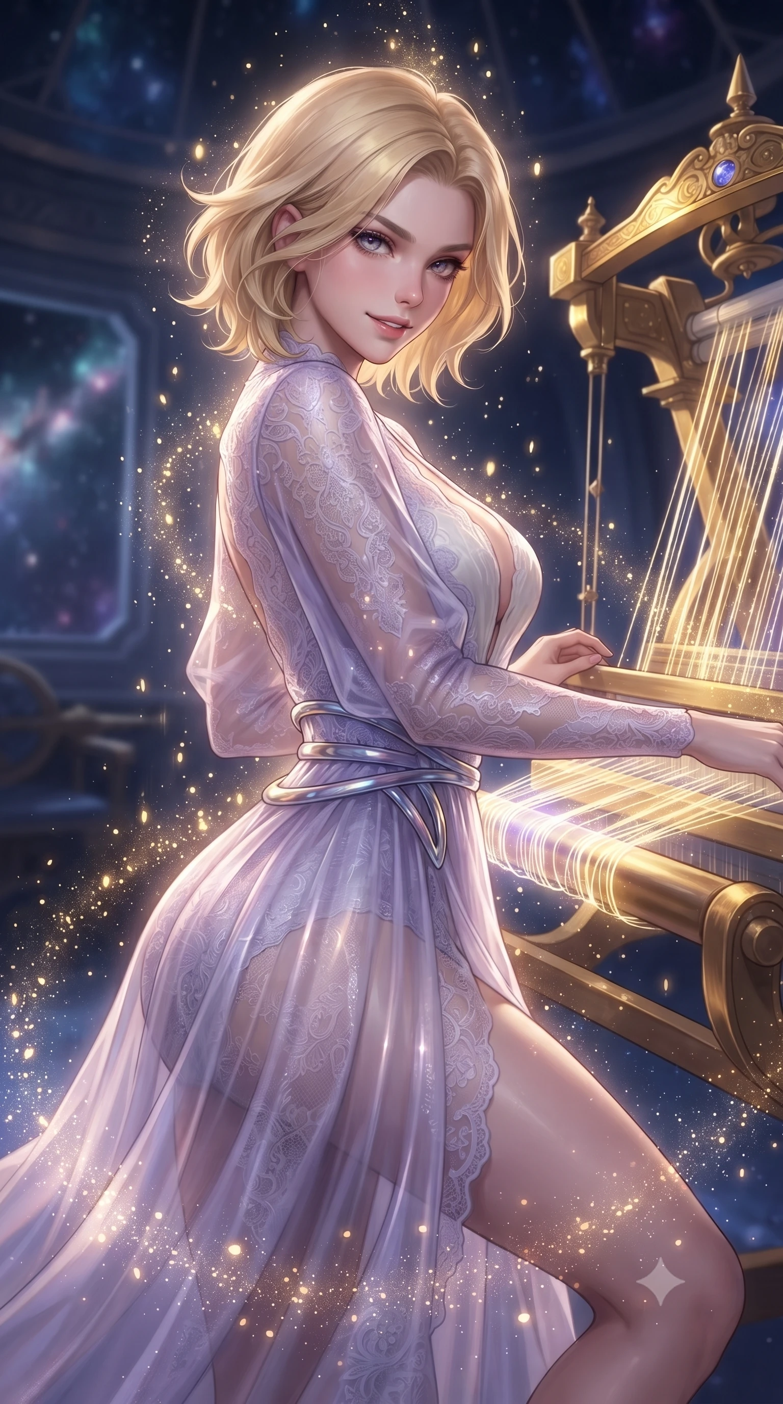 score_9, masterpiece, best quality, ultra-detailed, high-budget anime keyframe, editorial fashion photography, tasteful artistic composition, Caucasian woman. close-up cowboy shot from the waist and thighs up, the character dominates the composition, filling the frame with her large presence, background elements kept in soft focus. Glancing sidelong over her shoulder with a smoldering half-smile, inside a floating cosmic observatory threading brilliant starlight threads through a golden celestial loom, golden starlight particles falling around her like a radiant shower. She has an exceptionally elegant, slender, and willowy female figure with an ultra-slim waist, a gracefully sculpted slender torso, and a refined silhouette. sharp v-shaped jawline, high-bridge nose, intricate jewel-like eyes with depth, thick eyelashes, glossy lips with a natural sheen. wearing gothic nebula sheer lavender lace gown with plunging neckline in pearl white, made of sheer opal chiffon overlay, accented with sculpted opal chrome rings at the waist, contouring every curve with an exceptionally elegant silhouette. surrounded by a glowing aura of starlight and shimmering celestial dust. ultra-reflective glossy finish, specular highlights, metallic sheen, high-contrast stereoscopic depth, volumetric dynamic lighting, 2k, ultra detail, master piece, 9:16 ratio