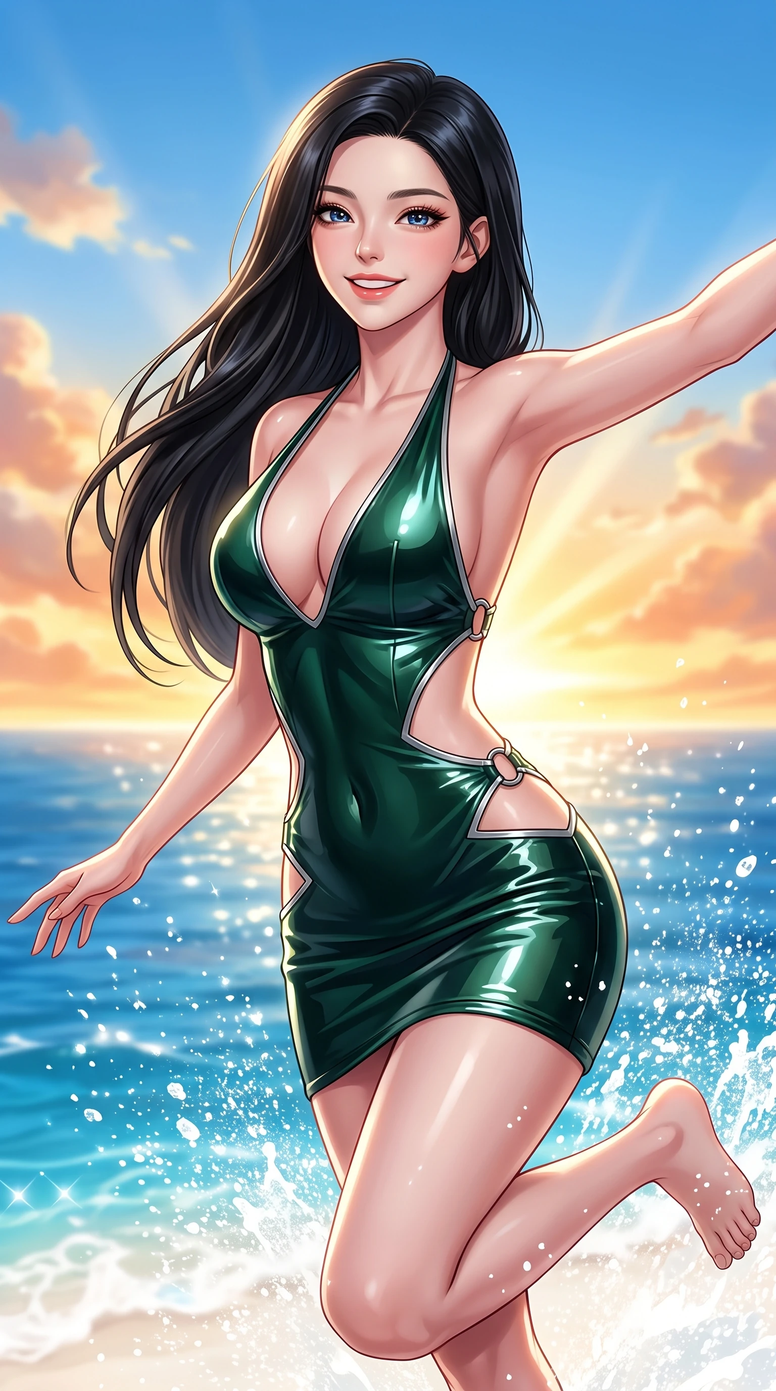 score_9, masterpiece, best quality, ultra-detailed, high-budget anime keyframe, editorial fashion photography, tasteful artistic composition, Korean woman. close-up cowboy shot from the waist and thighs up, the character dominates the composition, filling the frame with her large presence, background elements kept in soft focus. Enchanting happy smile, her eyes twinkling like jewels in the bright sunlight as one arm reaches out playfully while leaping with a radiant bright smile into the sparkling sea spray under a clear blue sky, soft white sand contrasting beautifully with rich ocean azure and vibrant sky blue hues. She has an exceptionally elegant, slender, and willowy female figure with an ultra-slim waist, a gracefully sculpted slender torso, and a refined silhouette. sharp v-shaped jawline, high-bridge nose, intricate jewel-like eyes with depth, thick eyelashes, glossy lips with a natural sheen, flawlessly proportioned anatomical accuracy, natural body alignment, perfectly sculpted elegant limbs, clean dynamic posture without body distortion. wearing a deep-scoop halter bodycon dress with hip cutouts connected by silver rings in deep emerald green and silver accent, tailored from high-gloss patent leather, featuring subtle geometric cutouts that highlight her ultra-slim midriff, the glove-like fit emphasizing her statuesque silhouette during motion. illuminated by a glorious golden hour sunburst painting the clouds in joyful peach and amber. highly saturated vibrant anime colors, detailed shading with soft gradients, rich glossy textures, high-contrast stereoscopic depth, volumetric dynamic lighting, master piece, 9:16 ratio