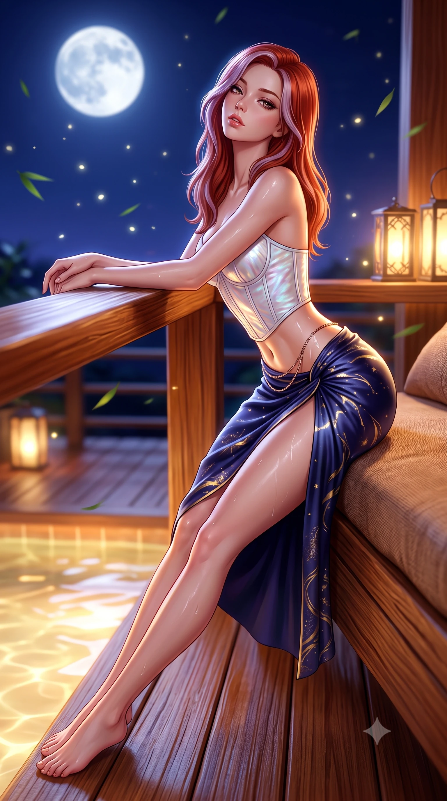 score_9, masterpiece, best quality, ultra-detailed, high-budget anime keyframe, semi-realistic 3D game render, editorial fashion photography, tasteful artistic composition, Caucasian woman. close-up cowboy shot from the waist and thighs up, the character dominates the composition, filling the frame with her large presence. leaning forward against the polished railing with her hips cocked back, creating an intoxicating curve from her narrow waist to sculpted hips as she gazes back into the lens while reclining on the cedar bench with legs extended toward the warm water, head tilted back toward the full moon with smoldering bedroom-eyes. The composition keeps background elements in soft focus with creamy bokeh. drifting bamboo leaves and glowing lantern light rays scattering soft luminous light motes. She has an exceptionally elegant, slender, and willowy female figure with an ultra-slim waist, a gracefully sculpted slender torso, toned flat midriff, and rounded feminine hips creating an alluring hourglass silhouette. sharp v-shaped jawline, high-bridge nose, intricate jewel-like eyes with depth, thick eyelashes, glossy parted lips with a natural sheen, intensely captivating and seductive bedroom-eyes expression, flawlessly proportioned anatomical accuracy, strict slender model proportions, natural body alignment, perfectly sculpted long slender limbs, ultra-slim waistline, clean dynamic posture without body distortion. wearing a sculpted mother-of-pearl corset top paired with a draped high-slit silk sarong skirt in midnight indigo and glowing starlight gold, tailored from smooth liquid silk satin adhering seamlessly to her wet skin, complemented by a delicate metallic hip chain catching the pool caustics, the second-skin form-contouring cut accentuating her sculpted flat midriff, narrow waistline, and dramatically curvy hips without adding bulk. illuminated by wet specular highlights accentuating her slender neckline, sculpted waist, and rounded hips. highly saturated vibrant anime colors, detailed shading with soft gradients, rich glossy textures, high-contrast stereoscopic depth, volumetric dynamic lighting, master piece, 9:16 ratio
