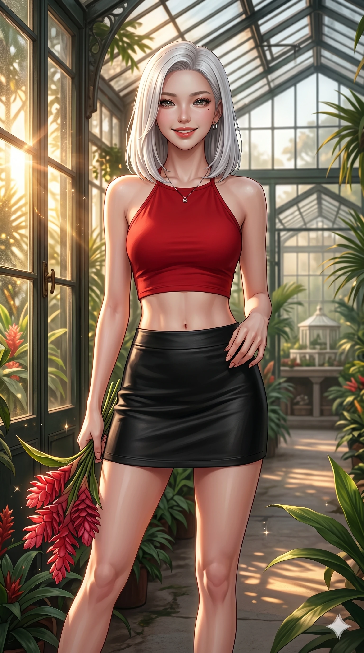 score_9, masterpiece, best quality, ultra-detailed, high-budget anime keyframe, editorial fashion photography, tasteful artistic composition, Korean woman. cowboy shot from the thighs up, character and outfit filling the frame for maximum editorial presence. posing with a cheerful, confident smile, her eyes sparkling with happiness inside a greenhouse conservatory filled with exotic red ginger flowers. She has an absolutely perfect 8-heads proportion, an exceptionally tall and slender female figure with impossibly long slender legs and an ultra-slim waist. V-shaped jawline, high-bridge nose, intricate jewel-like eyes with depth, thick eyelashes, glossy lips with a natural sheen. wearing a red halter neck crop top showing her delicately sculpted midriff, and a black mini-skirt. bathed in warm, golden hour light pouring through the side glass panes. 2k, ultra detail, master piece, 9:16 ratio