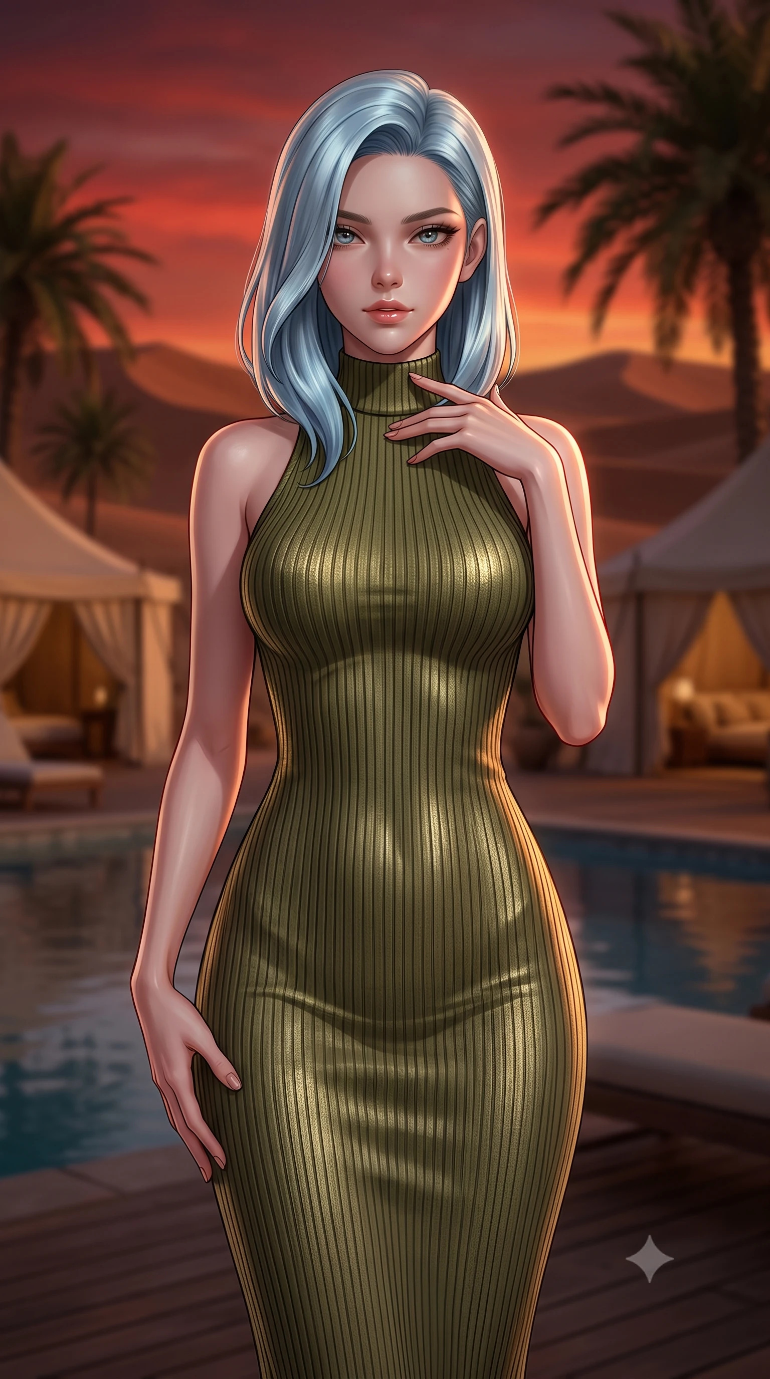 score_9, masterpiece, best quality, ultra-detailed, high-budget anime keyframe, editorial fashion photography, tasteful artistic composition, Korean woman. close-up cowboy shot from the waist and thighs up, the character dominates the composition, filling the frame with her large presence, background elements kept in soft focus. standing with one hand resting on her collarbone, looking at the viewer with bedroom-eyes the background shows a soft-focus a luxury desert resort pool deck with palm trees and canvas tents at dusk. She has an exceptionally elegant, slender, and willowy female figure with an ultra-slim waist, a gracefully sculpted slender torso, and a refined silhouette. sharp v-shaped jawline, high-bridge nose, intricate jewel-like eyes with depth, thick eyelashes, glossy lips with a natural sheen. wearing a slim-fit form-contouring ribbed knit bodycon midi dress in olive green, tracing her slender silhouette with a high neck. the warm red and orange sunset sky casting a dramatic glow over the sands. ultra-reflective glossy finish, specular highlights, metallic sheen, high-contrast stereoscopic depth, volumetric dynamic lighting, 2k, ultra detail, master piece, 9:16 ratio