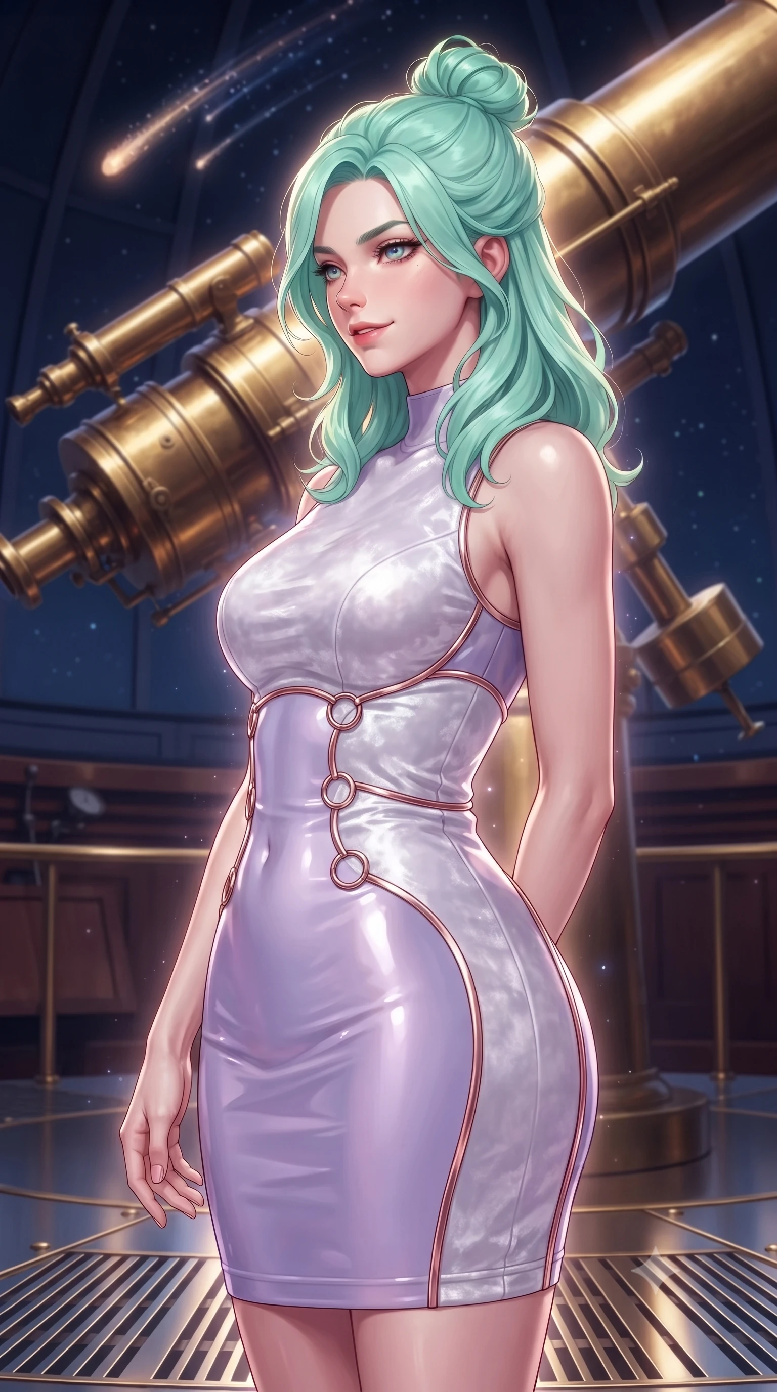 score_9, masterpiece, best quality, ultra-detailed, high-budget anime keyframe, editorial fashion photography, tasteful artistic composition, Japanese woman. close-up cowboy shot from the waist and thighs up, the character dominates the composition, filling the frame with her large presence, background elements kept in soft focus. Glancing sidelong over her shoulder with a smoldering half-smile, standing before a massive brass telescope tracking glowing comet dust trails, intellectual composed expression with direct magnetic gaze. She has an exceptionally elegant, slender, and willowy female figure with an ultra-slim waist, a gracefully sculpted slender torso, and a refined silhouette. sharp v-shaped jawline, high-bridge nose, intricate jewel-like eyes with depth, thick eyelashes, glossy lips with a natural sheen. wearing precision-fitted bodycon dress in high-gloss liquid pearl vinyl in pastel lavender violet, made of crushed white silk velvet, trimmed with rose-gold ring hardware along the waist contours, sculpting her athletic slender build with refined precision. surrounded by a glowing starlight aura with sharp specular highlights. highly saturated vibrant anime colors, detailed shading with soft gradients, rich glossy textures, high-contrast stereoscopic depth, volumetric dynamic lighting, master piece, 9:16 ratio