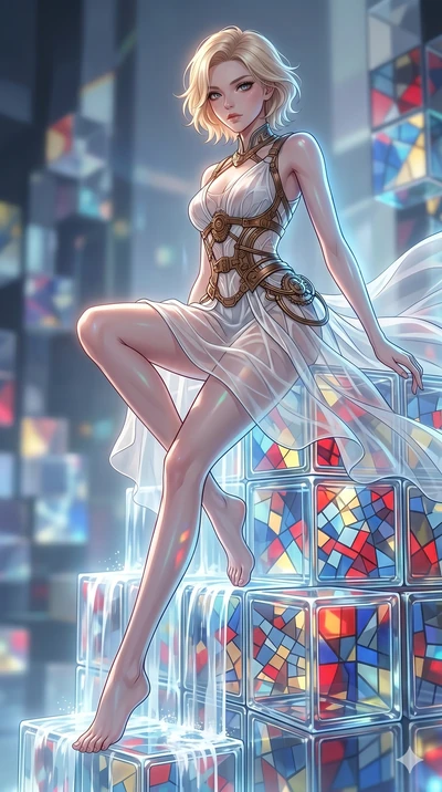 score_9, masterpiece, best quality, ultra-detailed, high-budget anime keyframe, Korean woman. upper body close-up from the thighs up, character filling the screen for maximum presence. balancing on cubist glass blocks that cascade like a waterfall, r
