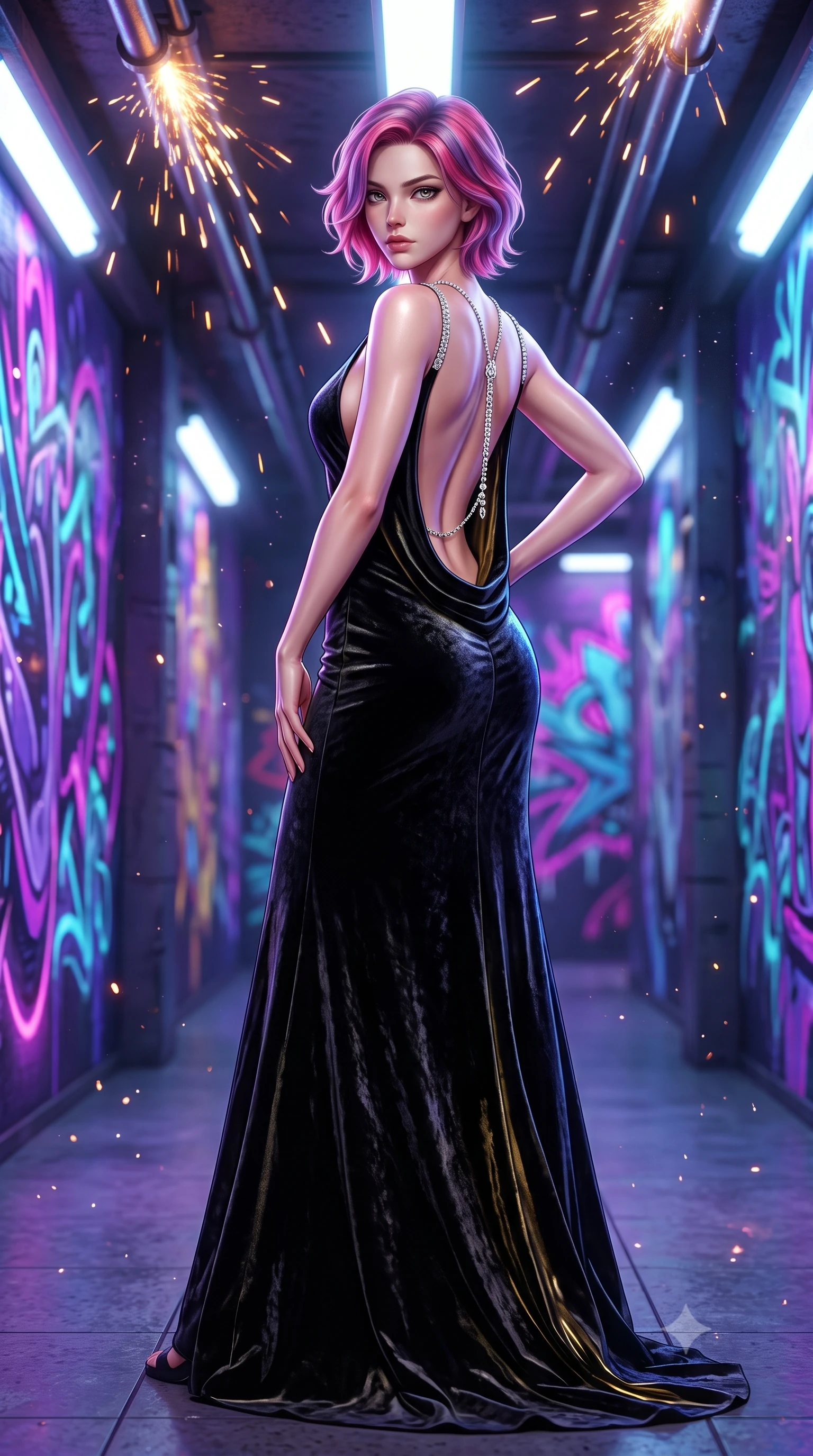 score_9, masterpiece, best quality, ultra-detailed, high-budget anime keyframe, semi-realistic 3D game render, editorial fashion photography, tasteful artistic composition, Caucasian woman. low angle full-body shot from head to toe showing her feet, filling the entire 9:16 vertical frame with her statuesque presence, stretching her vertical silhouette. standing poised with one hip cocked in an alluring high-fashion pose, her tall 8.5-heads proportions dominating the scene while posing dynamically in a futuristic subway station corridor covered in glowing ultraviolet cyber-graffiti murals. The composition keeps background elements in soft focus with creamy bokeh. sparks from overhead power rails and floating dust particles catching neon light motes. She has an absolutely perfect, statuesque 8.5-heads proportion, an exceptionally tall and slender model-like female figure with impossibly long slender legs, a toned flat midriff, and an ultra-slim waist. sharp v-shaped jawline, high-bridge nose, intricate jewel-like eyes with depth, thick eyelashes, glossy lips with a natural sheen, captivating and magnetic expression, flawlessly proportioned anatomical accuracy, strict slender model proportions, natural body alignment, perfectly sculpted long slender limbs, ultra-slim waistline, clean dynamic posture without body distortion. wearing an opulent backless black velvet evening gown with a plunging cowl back and diamond-encrusted shoulder straps in midnight black and liquid gold, crafted from heavyweight crushed silk velvet with liquid luster, accented with a glittering diamond back chain tracing her bare spine edition #21, the breezy yet form-flattering drape swaying gracefully with her steps, accentuating her long willowy limbs and slim waistline. illuminated by crisp specular highlights defining her toned flat midriff and athletic curves. highly saturated vibrant anime colors, detailed shading with soft gradients, rich glossy textures, high-contrast stereoscopic depth, volumetric dynamic lighting, master piece, 9:16 ratio