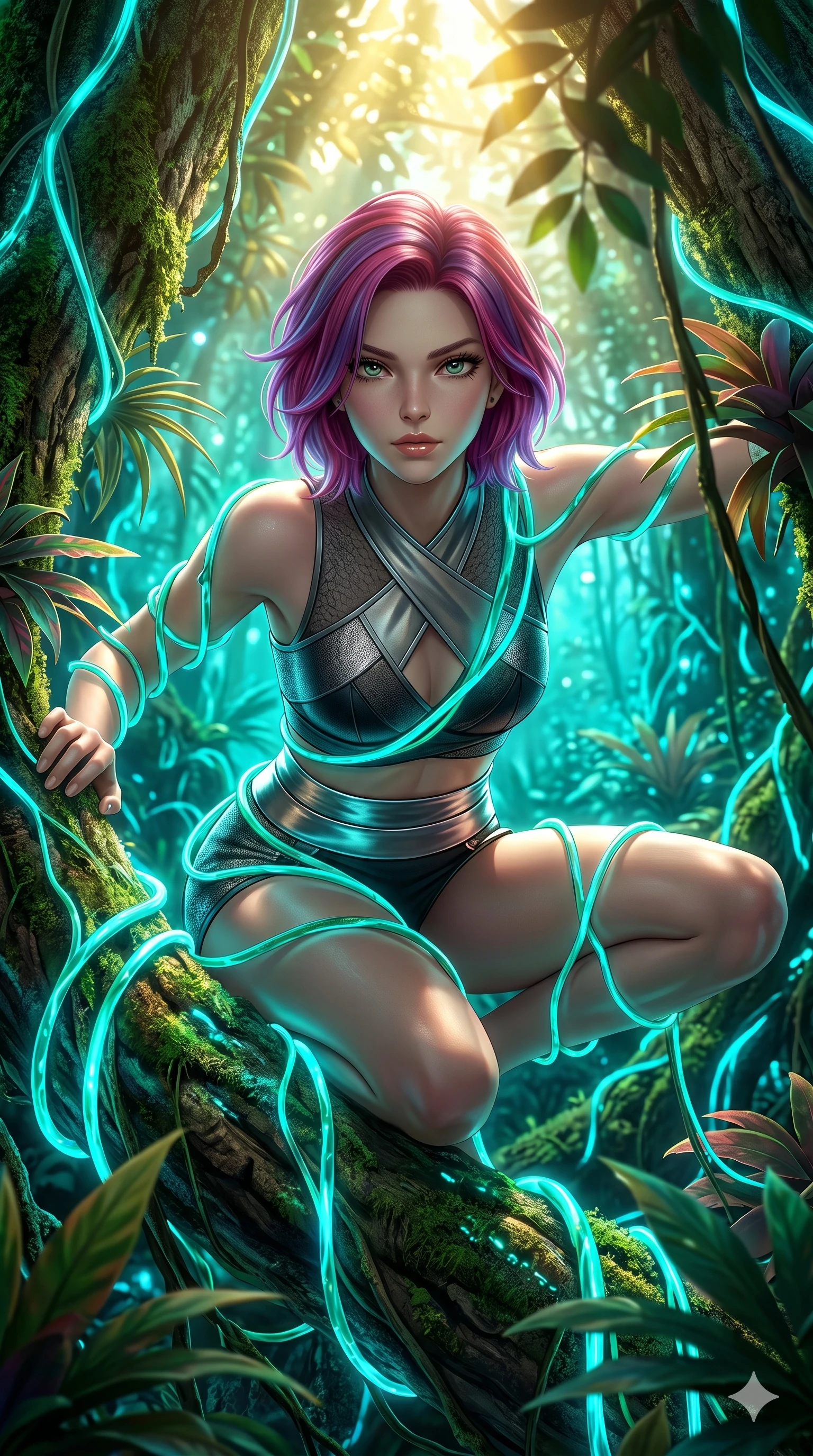 score_9, masterpiece, best quality, ultra-detailed, high-budget anime keyframe, semi-realistic 3D game render, Caucasian woman, strictly human ears. Upper body close-up from the thighs up, character filling the screen for maximum presence. She is crouching dynamically on a massive bioluminescent jungle root, wrapped in glowing vines. She leans close to the camera, looking through the foliage with a piercing, animalistic gaze. She has an absolutely perfect 8-heads proportion, a tall and elegant figure with a refined silhouette and a defined waistline. V-shaped jawline, high-bridge nose, intricate jewel-like eyes with depth, thick eyelashes, glossy lips with a natural sheen. She is wearing a cropped cyber-fusion wrap top with delicate textured panels, a geometric crossover collar, and a high-waisted metallic sash highlighting her defined waistline. The scene is bathed in bright sunbeams filtering through a dense canopy and glowing cyan ambient forest light. 2k, ultra detail, master piece, 9:16 ratio