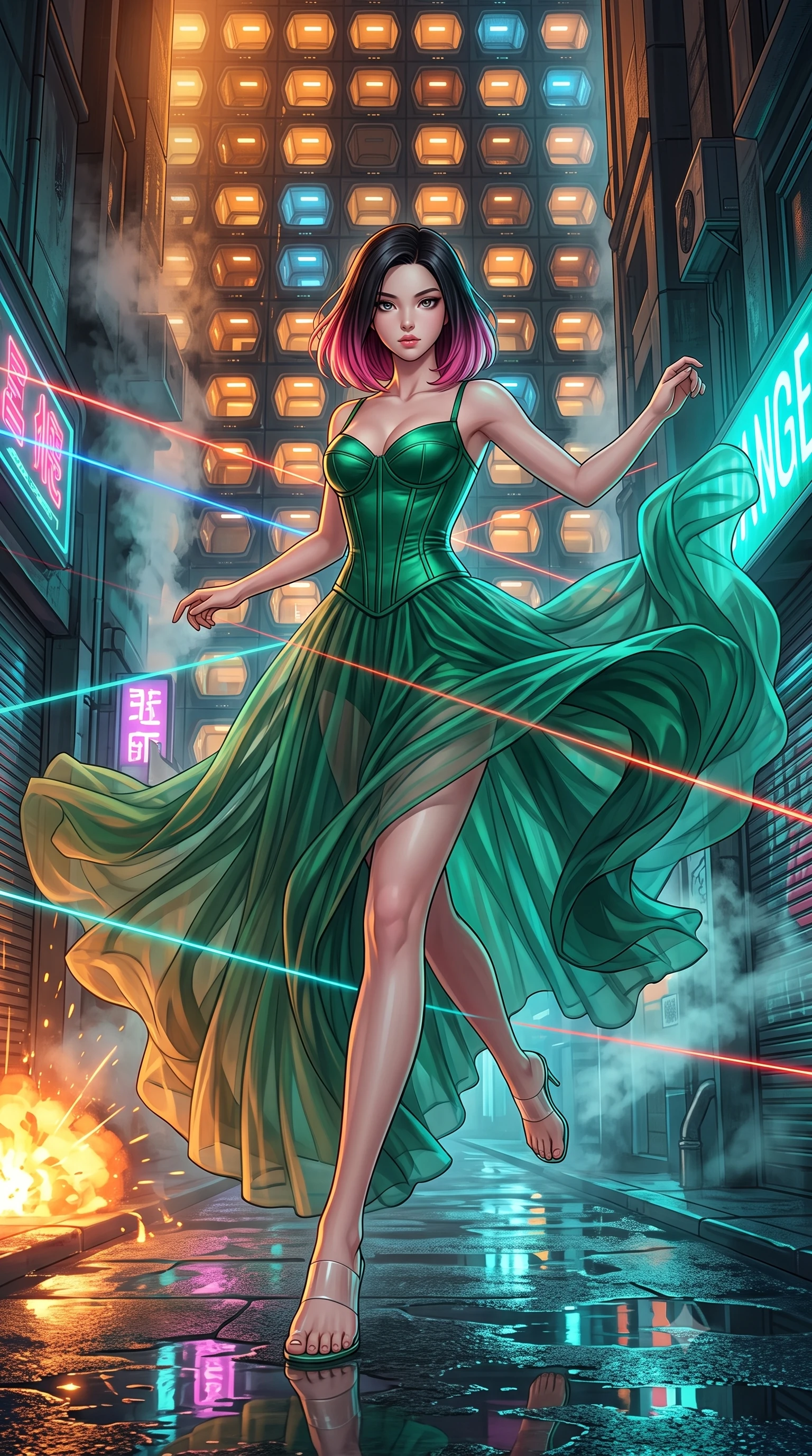 score_9, masterpiece, best quality, ultra-detailed, high-budget anime keyframe, editorial fashion photography, tasteful artistic composition, Korean woman. low angle full-body shot from head to toe showing her feet, filling the entire 9:16 vertical frame with her statuesque presence, stretching her vertical silhouette. dashing through rain-slicked cyberpunk alleyways, dodging laser tripwires with fluid agility through a narrow backstreet behind a towering capsule hotel, capsule pod windows glowing like honeycomb cells in the mist. She has a statuesque 8.5-heads proportion, an exceptionally tall, slender and willowy model-like build with impossibly long legs and a highly sculpted ultra-slim waist. sharp v-shaped jawline, high-bridge nose, intricate jewel-like eyes with depth, thick eyelashes, glossy lips with a natural sheen. wearing the lightweight fabric rippling and billowing dramatically with her movement, a body-hugging corset-topped gown with visible structured boning in emerald green satin, paired with a floor-length sheer tulle skirt. highly saturated vibrant anime colors, intense vivid color palette, soft 3D volumetric shading, volumetric dynamic lighting, warm amber rim lighting combined with cool teal fill light creating dramatic contrast. 2k, ultra detail, master piece, 9:16 ratio
