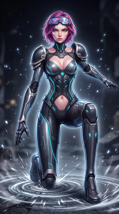 score_9, masterpiece, best quality, ultra-detailed, high-budget anime keyframe, semi-realistic 3D game render, editorial fashion photography, tasteful artistic composition, Caucasian woman. low angle full-body shot from head to toe showing her feet, 