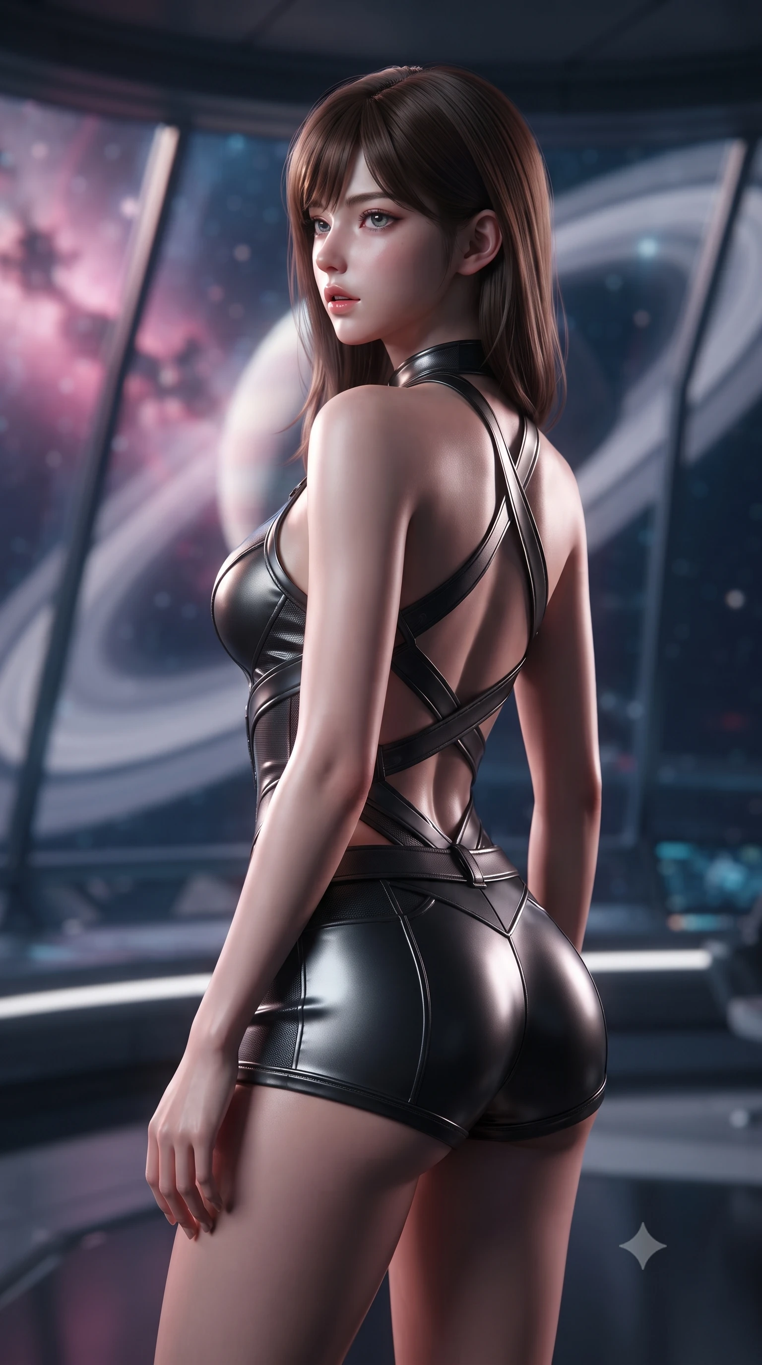 score_9, masterpiece, best quality, ultra-detailed, high-budget anime keyframe, editorial fashion photography, tasteful artistic composition, Korean woman. close-up cowboy shot from the waist and thighs up, the character dominates the composition, filling the frame with her large presence, background elements kept in soft focus. turning her face in profile to look over her shoulder, casting a smoldering side gaze with lips slightly parted, the background shows a soft-focus a yacht observation deck with glass panels showing a planetary ring. She has an exceptionally elegant, slender, and willowy female figure with an ultra-slim waist, a gracefully sculpted slender torso, and a refined silhouette. sharp v-shaped jawline, high-bridge nose, intricate jewel-like eyes with depth, thick eyelashes, glossy lips with a natural sheen. wearing a body-hugging backless halter-neck combat top with criss-cross strapping, paired with carbon-alloy micro-shorts. glass panels catching the pink and purple hues of nebula starlight. ultra-reflective glossy finish, specular highlights, metallic sheen, high-contrast stereoscopic depth, volumetric dynamic lighting, 2k, ultra detail, master piece, 9:16 ratio
