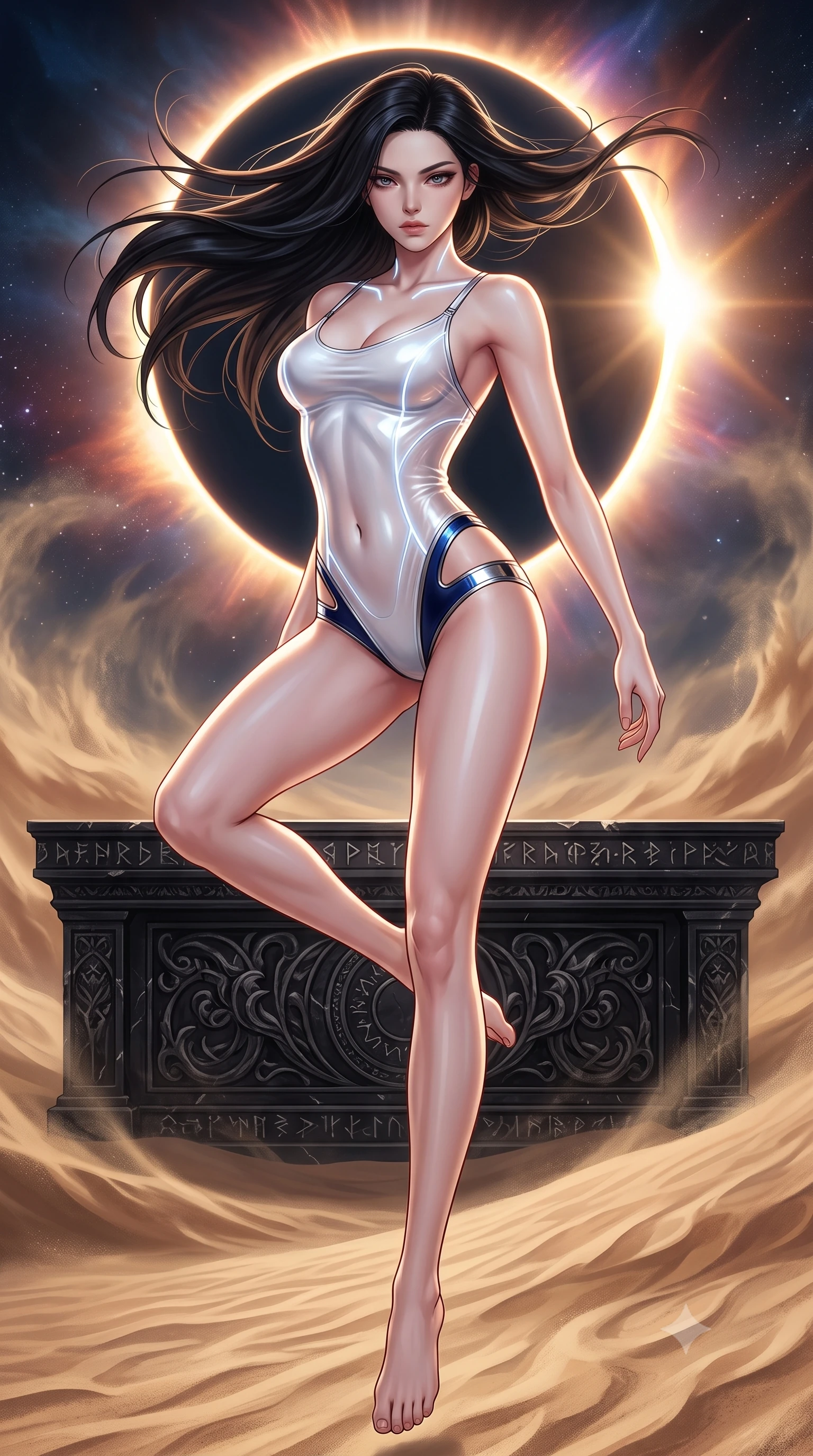 score_9, masterpiece, best quality, ultra-detailed, high-budget anime keyframe, semi-realistic 3D game render, editorial fashion photography, tasteful artistic composition, Korean woman. low angle full-body shot from head to toe showing her feet, filling the entire 9:16 vertical frame with her statuesque presence, stretching her vertical silhouette. performing an alluring mid-air vault with flawless poise, looking directly into the camera with smoldering intensity while arching her spine in a powerful yet alluring stance against the desert winds as cosmic corona flares illuminate her silhouette. The surrounding environment is rendered in vivid detail and crisp panoramic clarity. intricate black marble altar carvings, wind-swept sand ripples, and razor-sharp eclipse ring in high clarity. She has an absolutely perfect, statuesque 8.5-heads proportion, an exceptionally tall and slender model-like female figure with impossibly long slender legs, a toned flat midriff, and an ultra-slim waist. sharp v-shaped jawline, high-bridge nose, intricate jewel-like eyes with depth, thick eyelashes, glossy lips with a natural sheen, flawlessly proportioned anatomical accuracy, strict slender model proportions, natural body alignment, perfectly sculpted long slender limbs, ultra-slim waistline, clean dynamic posture without body distortion. wearing a second-skin white liquid-mercury micro-bodysuit sculpted tightly to her slender build, featuring razor-thin metallic straps and hip cutouts in deep royal navy blue and specular chrome, tailored from semi-translucent cybernetic vinyl with glowing micro-filaments, accented with glowing fiber-optic seams tracing her collarbones and hip curves, the form-contouring material adhering flawlessly to her sculpted flat midriff and slender torso, emphasizing her long leg lines and perfectly proportioned willowy build. surrounded by an awe-inspiring, mysterious, and fiercely sensual solar empress aura. highly saturated vibrant anime colors, detailed shading with soft gradients, rich glossy textures, high-contrast stereoscopic depth, volumetric dynamic lighting, master piece, 9:16 ratio