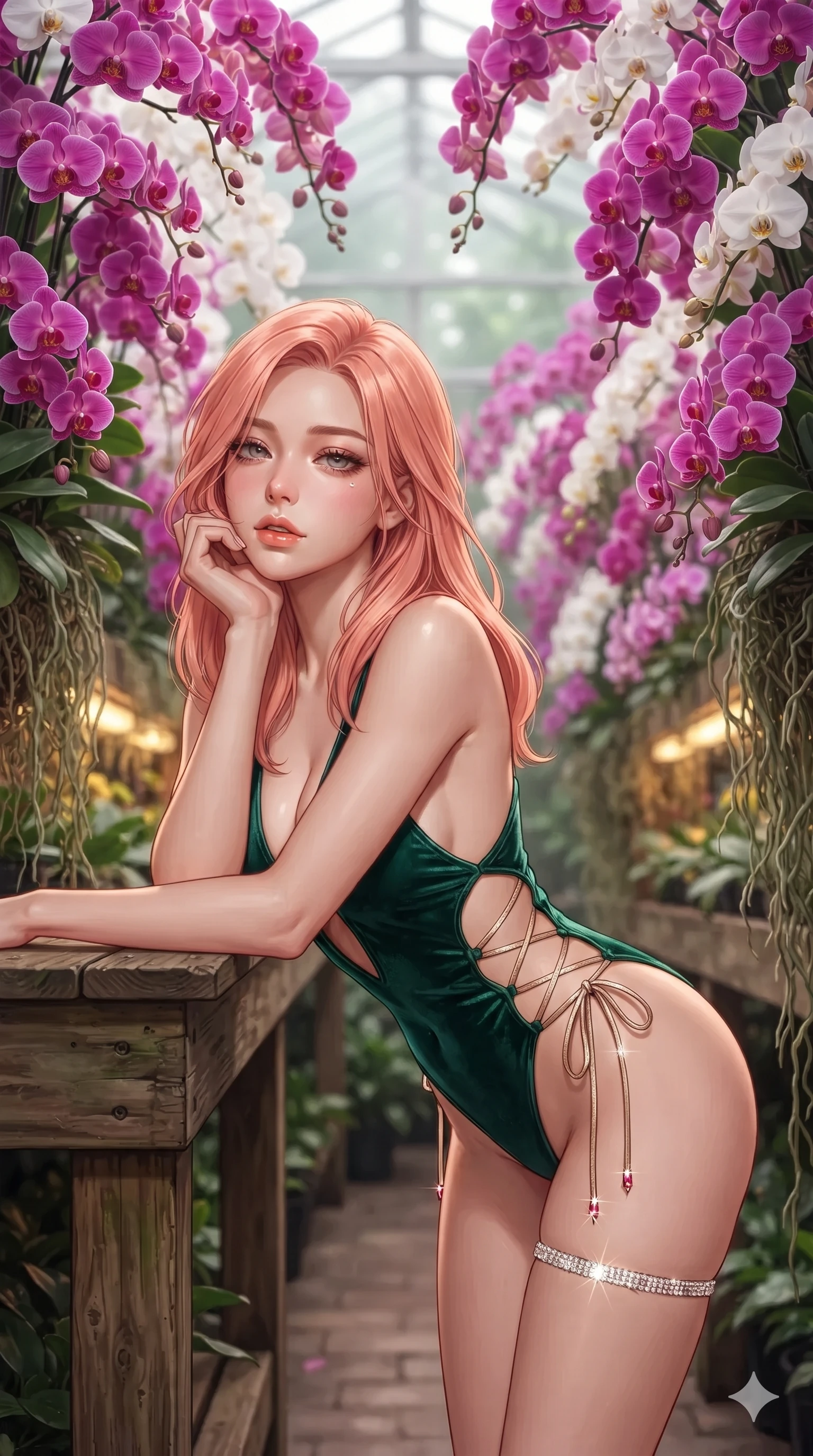 score_9, masterpiece, best quality, ultra-detailed, high-budget anime keyframe, editorial fashion photography, tasteful artistic composition, Japanese woman. close-up cowboy shot from the waist and thighs up, the character dominates the composition, filling the frame with her large presence. resting one elbow on the potting bench and supporting her chin, leaning close to the camera with heavy-lidded sparkling eyes and parted lips while standing poised between towering vertical walls of blooming magenta orchids, arching her spine with sovereign supermodel grace. The background shows a soft-focus thousands of cascading magenta and white Phalaenopsis orchids, foggy glass trellises, and hanging roots blurred into fuchsia, white, and jade bokeh. She has an exceptionally elegant, slender, and willowy female figure with an ultra-slim waist, flat toned midriff, narrow ribcage, and sculpted feminine hips creating an alluring, slim hourglass silhouette without bulk. sharp v-shaped jawline, high-bridge nose, sparkling eyes with hypnotic seductive depth, thick curled eyelashes, glossy parted lips with a natural dewy peach sheen, alluring bedroom-eyes with an enchanting coquettish smile, exuding magnetic siren charisma and sophisticated glamour, flawlessly proportioned anatomical accuracy, strict slender model proportions, natural body alignment, perfectly sculpted long slender limbs, ultra-slim waistline, clean dynamic posture without body distortion. wearing a low-slung cutaway leather bikini bodysuit with bare hip flanks and criss-cross cord ties in casino emerald green and metallic champagne gold with ruby glints, tailored from ultra-plush velvet with rich tactile depth and deep shadow gradients, accented with a delicate crystal-encrusted thigh garter strap glinting under the lights, the bespoke structured tailoring following the natural line of her 8.5-heads silhouette with refined elegance. bathed in soft, flattering filtered skylight mixed with warm golden accent lights beneath the floral arches. ultra-reflective glossy finish, specular highlights, rich textural contrasts, high-contrast stereoscopic depth, volumetric dynamic lighting, 2k, ultra detail, master piece, 9:16 ratio