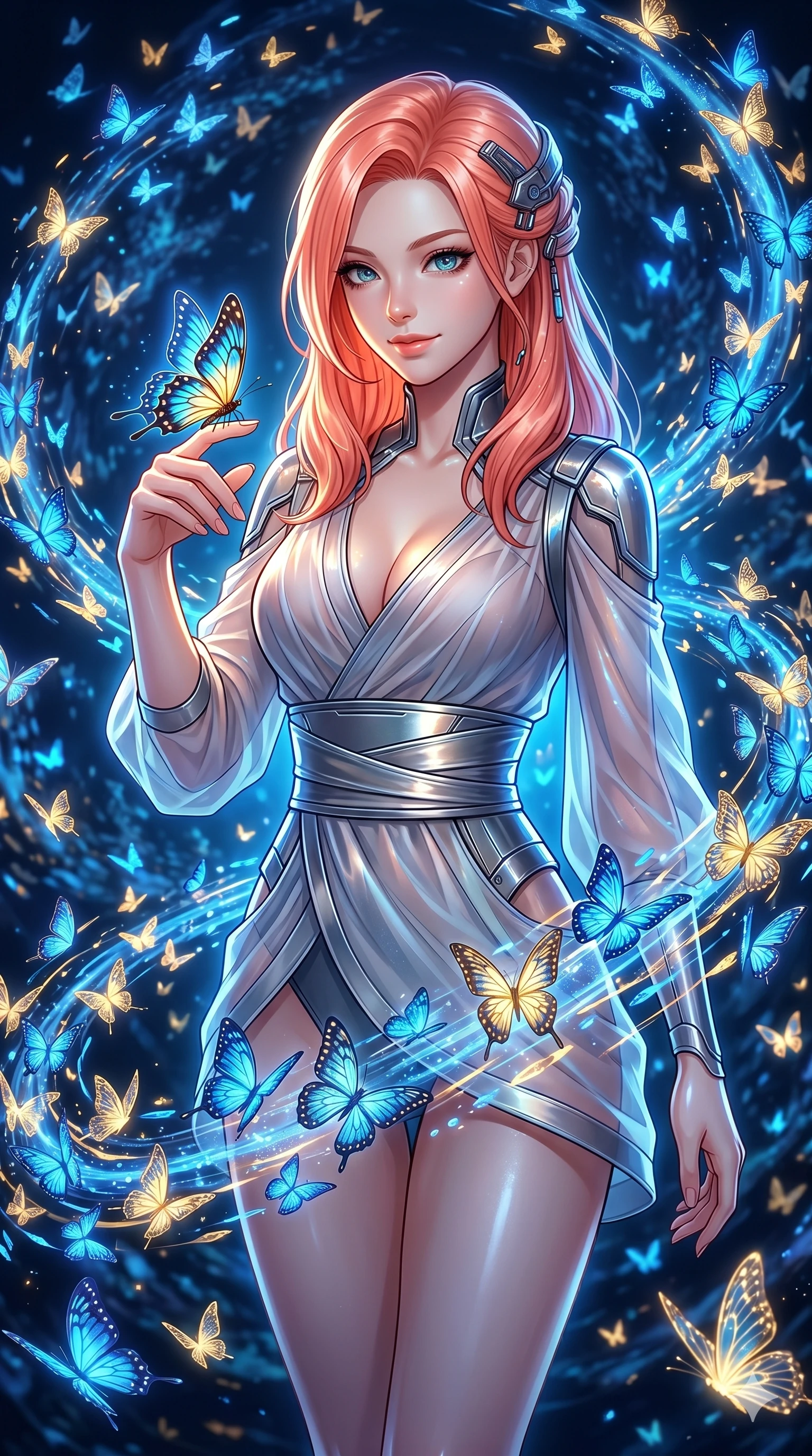 score_9, masterpiece, best quality, ultra-detailed, high-budget anime keyframe, editorial fashion photography, tasteful artistic composition, Japanese woman. Upper body close-up from the thighs up, character filling the screen for maximum presence. She is surrounded by thousands of glowing digital butterflies that orbit her body. She reaches out to let one land on her finger, looking at it with a soft, captivating smile. She has an absolutely perfect 8-heads proportion, an exceptionally tall and slender female figure with impossibly long slender legs and an ultra-slim waist. V-shaped jawline, high-bridge nose, intricate jewel-like eyes with depth, thick eyelashes, glossy lips with a natural sheen. She is wearing a shortened cyber-fusion wrap top with transparent chiffon panels, a deep crossover neckline, and a high-waisted metallic sash that accentuates her ultra-slim waist. The scene is lit by brilliant blue and gold light from the butterflies and a sharp side key light. 2k, ultra detail, master piece, 9:16 ratio