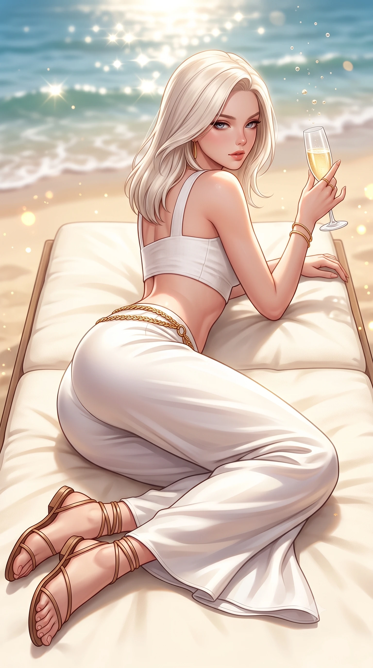 score_9, masterpiece, best quality, ultra-detailed, high-budget anime keyframe, semi-realistic 3D game render, editorial fashion photography, tasteful artistic composition, Caucasian woman. close-up cowboy shot from the waist and thighs up, the character dominates the composition, filling the frame with her large presence. twisting her slender torso in a deep contrapposto stance, hips dramatically shifted to accentuate her feminine curves while looking past her shoulder with smoldering bedroom-eyes while lying face down on a plush sunbed with head turned toward the camera, legs playfully bent at the knees to highlight her rounded hip silhouette. The composition keeps background elements in soft focus with creamy bokeh. sunlight sparkle on ocean crests and champagne fizz scattering warm radiant light motes. She has an exceptionally elegant, slender, and willowy female figure with an ultra-slim waist, a gracefully sculpted slender torso, toned flat midriff, and rounded feminine hips creating an alluring hourglass silhouette. sharp v-shaped jawline, high-bridge nose, intricate jewel-like eyes with depth, thick eyelashes, glossy parted lips with a natural sheen, intensely captivating and seductive bedroom-eyes expression, flawlessly proportioned anatomical accuracy, strict slender model proportions, natural body alignment, perfectly sculpted long slender limbs, ultra-slim waistline, clean dynamic posture without body distortion. wearing a tailored white linen crop top paired with low-slung flowing silk palazzo pants and a gold chain belt in pristine resort white and polished brass gold, woven from fine organic mulberry silk with metallic gold thread, accessorized with minimalist leather wrap sandals and a champagne flute in hand, the second-skin form-contouring cut accentuating her sculpted flat midriff, narrow waistline, and dramatically curvy hips without adding bulk. surrounded by an opulent, sun-drenched, and breathtakingly seductive jet-set heiress aura. highly saturated vibrant anime colors, detailed shading with soft gradients, rich glossy textures, high-contrast stereoscopic depth, volumetric dynamic lighting, master piece, 9:16 ratio
