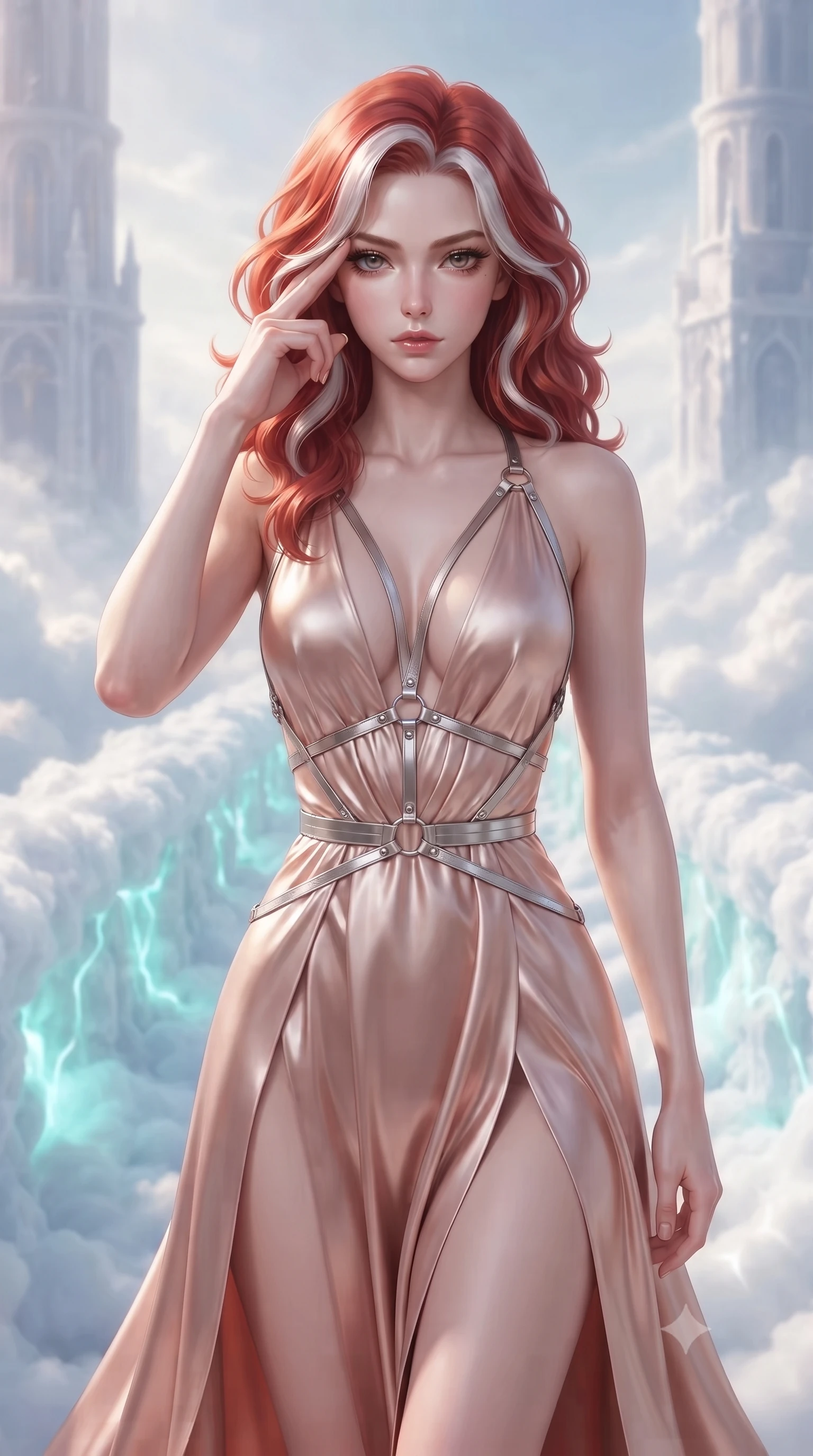 score_9, masterpiece, best quality, ultra-detailed, high-budget anime keyframe, editorial fashion photography, tasteful artistic composition, Caucasian woman. close-up cowboy shot from the waist and thighs up, the character dominates the composition, filling the frame with her large presence, background elements kept in soft focus. Pressing two fingers to her temple in a composed, sharp thoughtful gesture, stepping along a crystalline cloud bridge connecting two sky towers, gentle inner lightning within cloud walls emitting soft turquoise glow. She has an exceptionally elegant, slender, and willowy female figure with an ultra-slim waist, a gracefully sculpted slender torso, and a refined silhouette. sharp v-shaped jawline, high-bridge nose, intricate jewel-like eyes with depth, thick eyelashes, glossy lips with a natural sheen. wearing deep plunging V-neckline champagne silk gown with daring high thigh slit in pearl white, made of soft rose-gold satin, highlighted by a platinum metallic harness structure, the fitted fabric emphasizing her ultra-slim waist. surrounded by an airy, ethereal ambiance with radiant white highlights. ultra-reflective glossy finish, specular highlights, metallic sheen, high-contrast stereoscopic depth, volumetric dynamic lighting, 2k, ultra detail, master piece, 9:16 ratio
