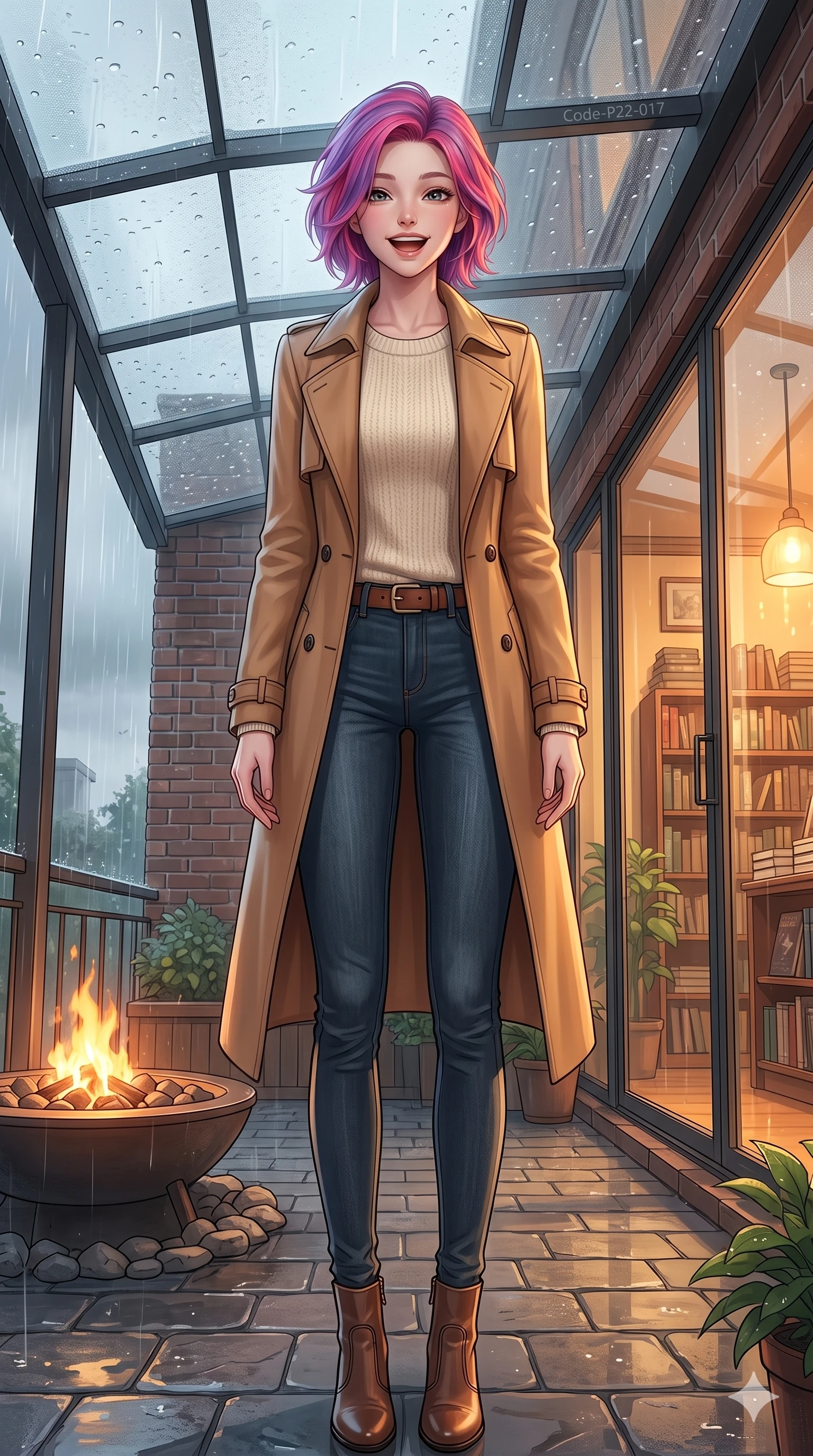 score_9, masterpiece, best quality, ultra-detailed, high-budget anime keyframe, vibrant anime aesthetic, Caucasian woman, strictly human ears. low angle full-body shot from head to toe showing her feet, filling the entire 9:16 vertical frame with her statuesque presence, stretching her vertical silhouette. She is standing in a sun shower, looking up with a happy, laughing expression, gazing warmly at the viewer with a gentle tilt of her head. on a private terrace with a warm outdoor fire pit, under a translucent canopy during a cool rain shower (Code-P22-017). She has an absolutely perfect 8-heads proportion, an exceptionally tall and slender female figure with impossibly long slender legs and an ultra-slim waist. V-shaped jawline, high-bridge nose, intricate jewel-like eyes with depth, thick eyelashes, glossy lips with a natural sheen. wearing a stylish trench coat in camel over a knit pullover and dark denim jeans with an elegant leather belt. She is illuminated by warm interior lights of a retro bookstore, casting a cozy glow, casting clean highlights that trace her slim waist in the rainy afternoon. 2k, ultra detail, master piece, 9:16 ratio