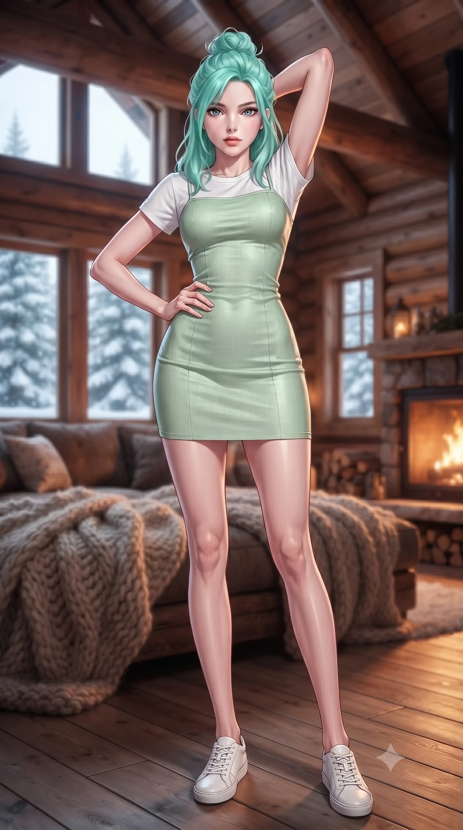 score_9, masterpiece, best quality, ultra-detailed, high-budget anime keyframe, editorial fashion photography, tasteful artistic composition, Japanese woman woman. low angle full-body shot from head to toe showing her feet, filling the entire 9:16 vertical frame with her statuesque presence, stretching her vertical silhouette. posing confidently with one hand on her hip, stretching her statuesque body to emphasize her curves the background shows a soft-focus a log cabin loft with thick wool blankets and windows showing snowy pines. She has an absolutely perfect, statuesque 8.5-heads proportion, an exceptionally tall and slender model-like female figure with impossibly long slender legs and an ultra-slim waist. sharp v-shaped jawline, high-bridge nose, intricate jewel-like eyes with depth, thick eyelashes, glossy lips with a natural sheen. wearing a body-hugging lightweight pastel green linen sundress layered over a white cotton t-shirt. warm orange fireplace glow contrasting with the cool blue winter daylight. ultra-reflective glossy finish, specular highlights, metallic sheen, high-contrast stereoscopic depth, volumetric dynamic lighting, 2k, ultra detail, master piece, 9:16 ratio
