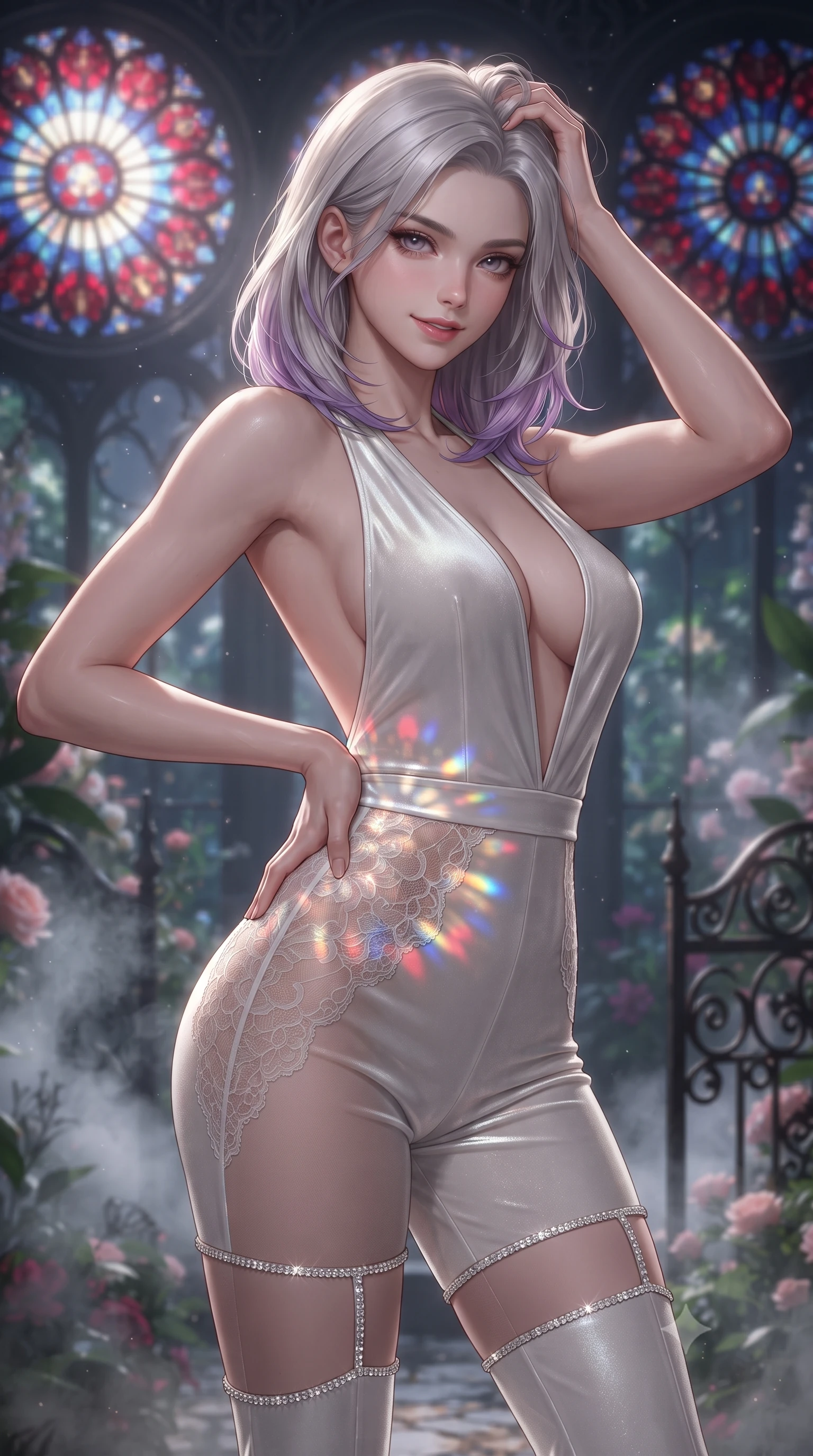 score_9, masterpiece, best quality, ultra-detailed, high-budget anime keyframe, editorial fashion photography, tasteful artistic composition, Caucasian woman. close-up cowboy shot from the waist and thighs up, the character dominates the composition, filling the frame with her large presence. twisting her slender torso in an alluring contrapposto stance, one hand resting on her sculpted hip while her fingers toy with her hair with effortless poise while twisting her slender torso in an alluring S-curve, moonlight filtering through stained glass rosettes onto her flat midriff and hips. The background shows a soft-focus rising floral greenhouse mist softened in romantic nocturnal shallow focus. She has an exceptionally elegant, slender, and willowy female figure with an ultra-slim waist, flat toned midriff, narrow ribcage, and sculpted feminine hips creating an alluring, slim hourglass silhouette without bulk. sharp v-shaped jawline, high-bridge nose, sparkling eyes with hypnotic seductive depth, thick curled eyelashes, glossy parted lips with a natural dewy peach sheen, alluring bedroom-eyes with an enchanting coquettish smile, exuding magnetic siren charisma and sophisticated glamour, flawlessly proportioned anatomical accuracy, strict slender model proportions, natural body alignment, perfectly sculpted long slender limbs, ultra-slim waistline, clean dynamic posture without body distortion. wearing a backless plunge-front second-skin velvet jumpsuit with fluid tapered legs and sheer lace hip inserts in pure pearl alabaster with liquid platinum sheen, made of semi-opaque stretch illusion mesh with soft shadowy contours, finished with delicate crystal-encrusted thigh garter straps glinting under the lights, the glove-like clinging cut tightly following the natural contour of her hips and long slender legs with youthful 8.5-heads elegance. bathed in pure lunar illumination streaming through glass panes mixed with deep red stained-glass refractions. ultra-reflective glossy finish, specular highlights, rich textural contrasts, high-contrast stereoscopic depth, volumetric dynamic lighting, 2k, ultra detail, master piece, 9:16 ratio