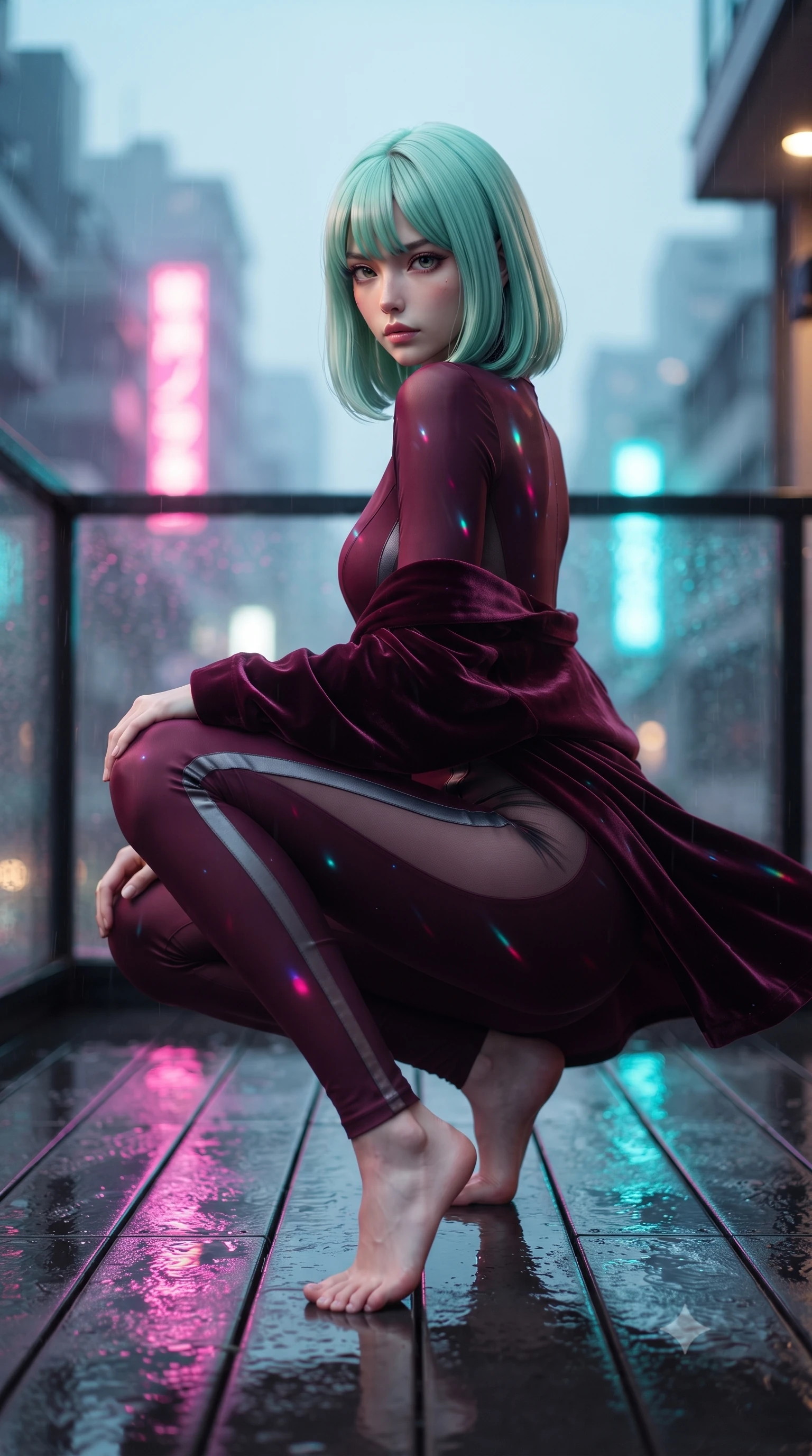 score_9, masterpiece, best quality, ultra-detailed, high-budget anime keyframe, editorial fashion photography, tasteful artistic composition, Japanese woman. low angle full-body shot from head to toe showing her feet, filling the entire 9:16 vertical frame with her statuesque presence, stretching her vertical silhouette. executing an elegant mid-motion pivot turn as garments swirl around her slender limbs, glancing over her shoulder with an intoxicating bedroom-gaze while crouching gracefully on the rain-slicked balcony deck, glancing back with smoldering bedroom-eyes as neon reflections wash over her dress. The composition keeps background elements in soft focus with creamy bokeh. rain-slicked balcony reflections and neon light streaks scattering vivid chromatic light motes. She has an exceptionally tall and slender model-like 8.5-heads proportion, an ultra-slim waist, a flat toned midriff, narrow delicate ribcage, and beautifully sculpted feminine hips creating a graceful, slim hourglass silhouette without any bulky heaviness, with impossibly long slender legs. sharp v-shaped jawline, high-bridge nose, intricate jewel-like eyes with depth, thick eyelashes, glossy parted lips with a natural sheen, intensely captivating and seductive bedroom-eyes expression, flawlessly proportioned anatomical accuracy, strict slender model proportions, natural body alignment, perfectly sculpted long slender limbs, ultra-slim waistline, clean dynamic posture without body distortion. wearing a second-skin compression catsuit with an open back and sheer mesh side waist contouring in deep wine burgundy and brushed dark platinum, made of fluid silk crepe with delicate inner corsetry boning, complemented by a plush velvet shawl draped loosely over her elbows, the form-contouring material adhering flawlessly to her sculpted flat midriff and slender torso, emphasizing her long leg lines and perfectly proportioned willowy build. bathed in vibrant magenta and electric cyan river skyline reflections contrasting with warm amber interior downlights. ultra-reflective glossy finish, specular highlights, rich textural contrasts, high-contrast stereoscopic depth, volumetric dynamic lighting, 2k, ultra detail, master piece, 9:16 ratio