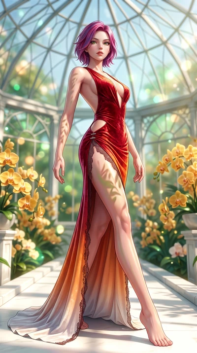 score_9, masterpiece, best quality, ultra-detailed, high-budget anime keyframe, semi-realistic 3D game render, editorial fashion photography, tasteful artistic composition, Caucasian woman. low angle full-body shot from head to toe showing her feet, 
