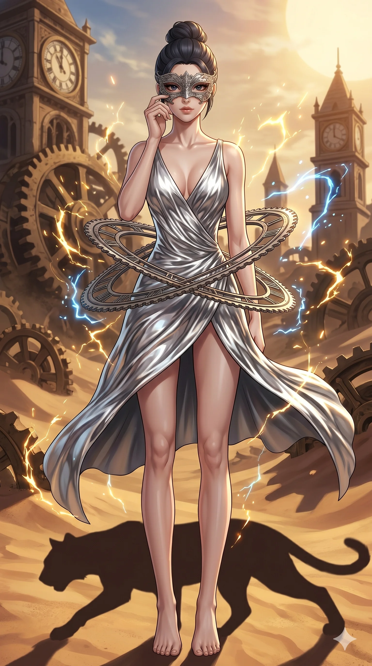 score_9, masterpiece, best quality, ultra-detailed, Set A: High-budget Anime Keyframe, Japanese woman. Low angle cowboy shot filling the entire 9:16 frame with her statuesque presence. Adjusting a mask through a clockwork desert, while her shadow mimics the movements of a predator 245 and surrounded by glowing energy sparks. She has an absolutely perfect 8-heads proportion, an exceptionally tall and slender female figure with impossibly long slender legs and an ultra-slim waist. Sharp v-shaped jawline, high-bridge nose, intricate jewel-like eyes with depth, thick eyelashes, glossy lips with a natural sheen. Wearing Molten silver texture dress with a sharp V-neckline and floating mechanical rings. Cinematic lighting, vibrant colors, dramatic shadows, 2k, ultra detail, master piece, 9:16 ratio