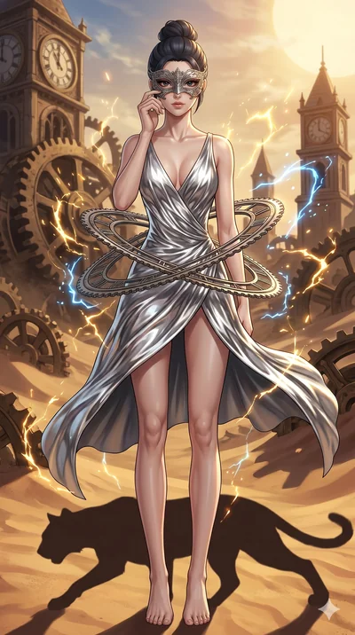 score_9, masterpiece, best quality, ultra-detailed, Set A: High-budget Anime Keyframe, Japanese woman. Low angle cowboy shot filling the entire 9:16 frame with her statuesque presence. Adjusting a mask through a clockwork desert, while her shadow mim