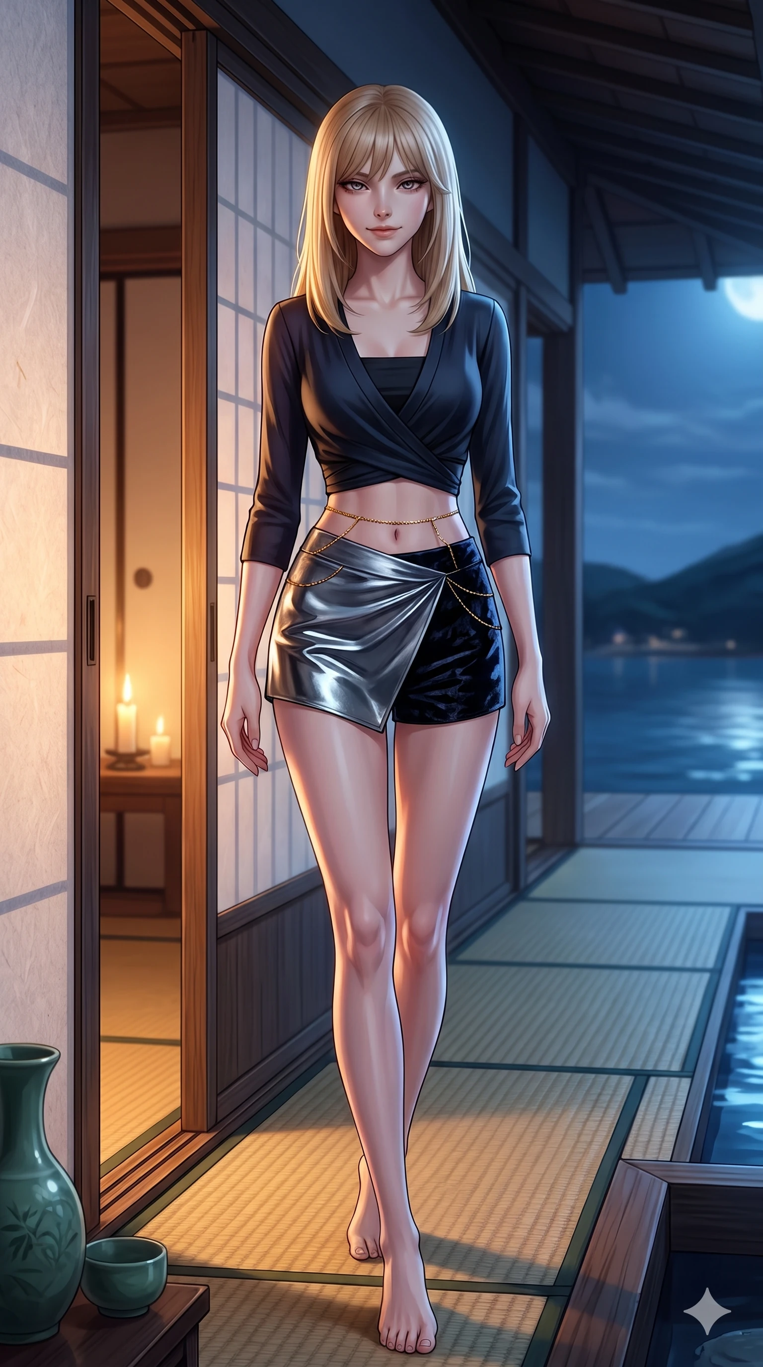 score_9, masterpiece, best quality, ultra-detailed, high-budget anime keyframe, semi-realistic 3D game render, editorial fashion photography, tasteful artistic composition, Japanese woman. low angle full-body shot from head to toe showing her feet, filling the entire 9:16 vertical frame with her statuesque presence, stretching her vertical silhouette. walking along the waterfront terrace with poise, looking back over her bare shoulder with an irresistible smoldering bedroom-gaze while twisting her slender torso in an alluring contrapposto pose beside the sliding rice-paper door, warm candlelight silhouette outlining her curves. The surrounding environment is rendered in vivid detail and crisp panoramic clarity: sharp mulberry paper texture on sliding doors, woven rush mat seams, and celadon ceramic glaze in deep focus. She has an absolutely perfect, statuesque 8.5-heads proportion, an exceptionally tall and slender model-like female figure with impossibly long slender legs, an ultra-slim waist, a flat toned midriff, narrow delicate ribcage, and beautifully sculpted feminine hips creating a graceful, slim hourglass silhouette without any bulky heaviness. sharp v-shaped jawline, high-bridge nose, sparkling eyes with hypnotic seductive depth, thick curled eyelashes, glossy parted lips with a natural dewy peach sheen, alluring bedroom-eyes with an enchanting coquettish smile, exuding magnetic siren charisma and sophisticated glamour, flawlessly proportioned anatomical accuracy, strict slender model proportions, natural body alignment, perfectly sculpted long slender limbs, ultra-slim waistline, clean dynamic posture without body distortion. wearing a deep V-neck wrap jeogori blouse layered over an opaque silk bandeau and high-waisted wrap shorts in liquid mercury chrome and deep ink black, tailored from crushed dark velvet with deep light-absorbing plush texture, finished with a dainty gold belly chain resting across her flat midriff and curving hips, the bespoke structured tailoring following the natural line of her 8.5-heads silhouette with refined elegance. bathed in warm golden candlelight glowing from within the interior room mixed with cool moonlight fill. highly saturated vibrant anime colors, detailed shading with soft gradients, rich glossy textures, high-contrast stereoscopic depth, volumetric dynamic lighting, master piece, 9:16 ratio