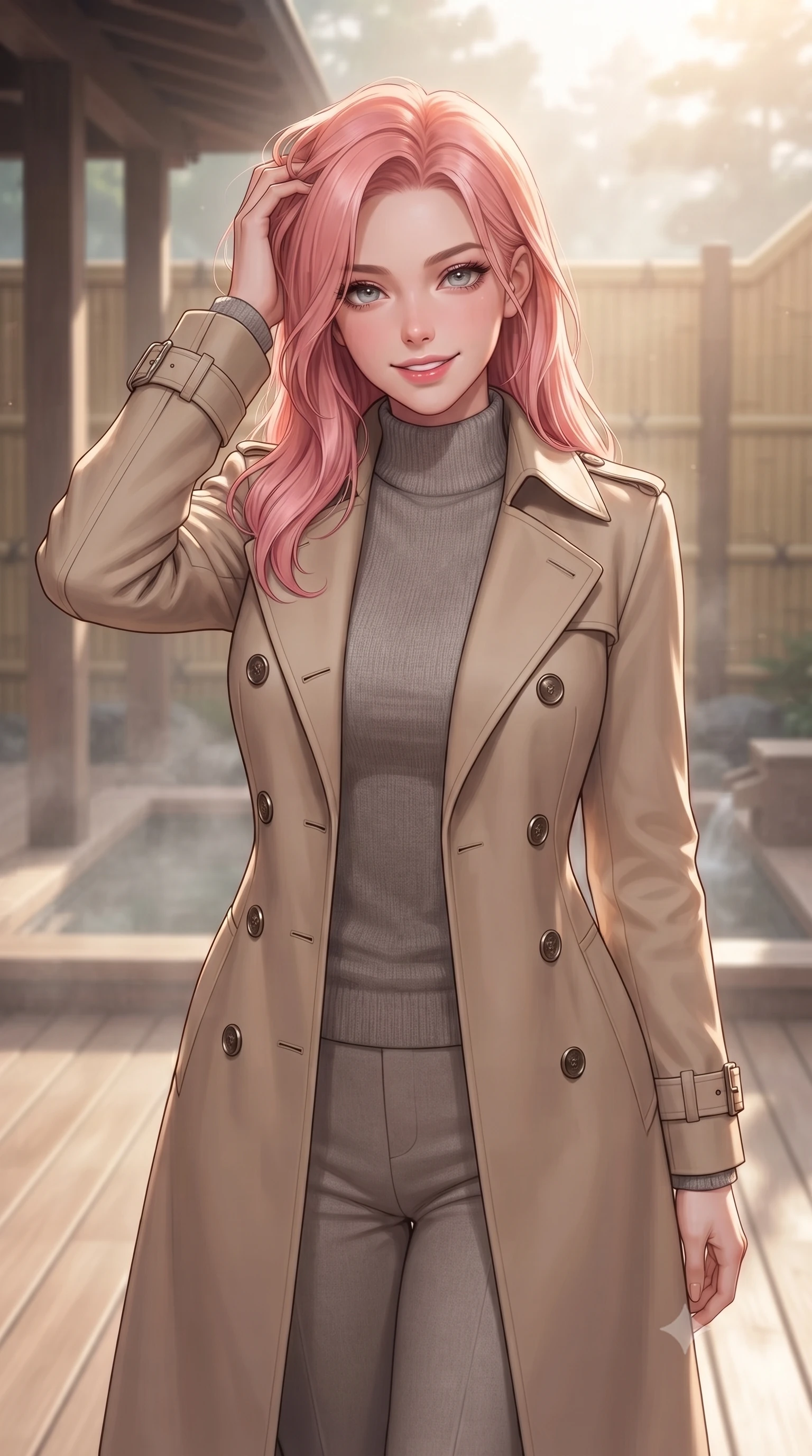 score_9, masterpiece, best quality, ultra-detailed, high-budget anime keyframe, editorial fashion photography, tasteful artistic composition, Japanese woman woman. close-up cowboy shot from the waist and thighs up, the character dominates the composition, filling the frame with her large presence, background elements kept in soft focus. smiling with quiet, magnetic self-assurance directly into the camera, running a hand through her hair the background shows a soft-focus a wooden deck of a private hot spring (onsen) with cedar wood partitions and bamboo fences. She has an exceptionally elegant, slender, and willowy female figure with an ultra-slim waist, a gracefully sculpted slender torso, and a refined silhouette. sharp v-shaped jawline, high-bridge nose, intricate jewel-like eyes with depth, thick eyelashes, glossy lips with a natural sheen. wearing a body-hugging classic beige trench coat worn closed over a high-neck grey sweater and pants. soft morning mist diffusing the warm sunbeams, creating a tranquil atmosphere. ultra-reflective glossy finish, specular highlights, metallic sheen, high-contrast stereoscopic depth, volumetric dynamic lighting, 2k, ultra detail, master piece, 9:16 ratio