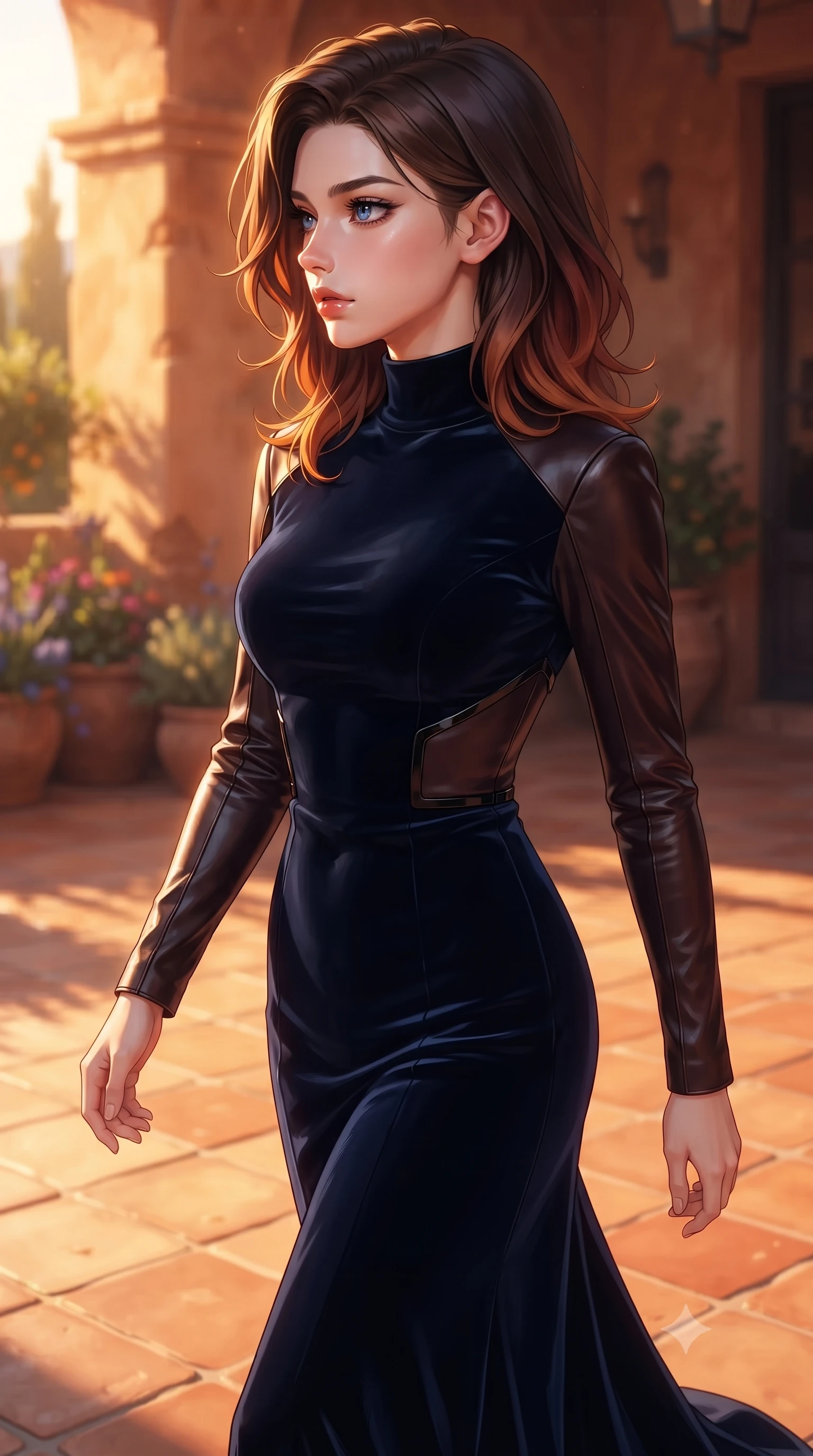 score_9, masterpiece, best quality, ultra-detailed, high-budget anime keyframe, editorial fashion photography, tasteful artistic composition, Korean woman. close-up cowboy shot from the waist and thighs up, the character dominates the composition, filling the frame with her large presence, background elements kept in soft focus. Turning her face in sharp dramatic profile against the key light, walking across a warm terracotta tile floor drenched in warm evening sun, intense golden-hour sunbeams casting warm amber light across her skin. She has an exceptionally elegant, slender, and willowy female figure with an ultra-slim waist, a gracefully sculpted slender torso, and a refined silhouette. sharp v-shaped jawline, high-bridge nose, intricate jewel-like eyes with depth, thick eyelashes, glossy lips with a natural sheen. wearing floor-length high-neck midnight navy velvet gown with long sleeves in dark mahogany, made of polished black leather, adorned with minimalist black onyx hardware framing the silhouette, sculpting her athletic slender build with refined precision. lit by clear golden key rays casting soft graceful shadows. highly saturated vibrant anime colors, detailed shading with soft gradients, rich glossy textures, high-contrast stereoscopic depth, volumetric dynamic lighting, master piece, 9:16 ratio