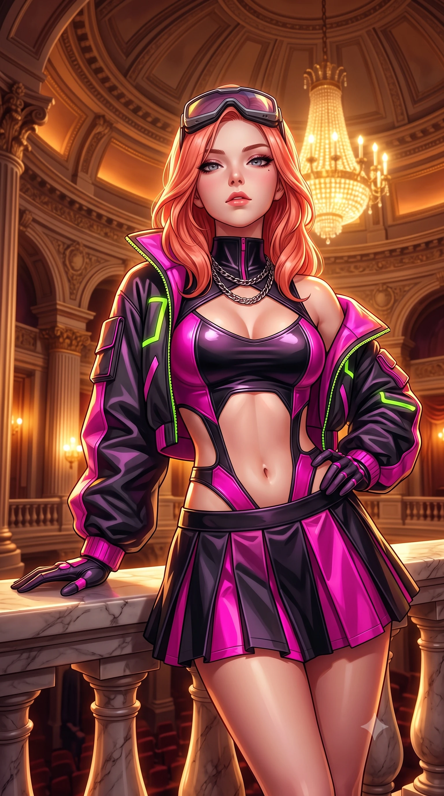 score_9, masterpiece, best quality, ultra-detailed, high-budget anime keyframe, semi-realistic 3D game render, editorial fashion photography, tasteful artistic composition, Japanese woman. close-up cowboy shot from the waist and thighs up, the character dominates the composition, filling the frame with her large presence. tilting her chin up with proud, sovereign confidence while gazing directly into the lens with thick, dark eyelashes while resting one gloved hand on the polished marble railing with majestic high-society poise. The surrounding environment is rendered in vivid detail and crisp panoramic clarity. high-contrast royal chiaroscuro and breathtaking neoclassical theater architecture rendered in precision. She has an exceptionally elegant, slender, and willowy female figure with an ultra-slim waist, a gracefully sculpted slender torso, toned flat midriff, and a refined slim silhouette. sharp v-shaped jawline, high-bridge nose, intricate jewel-like eyes with depth, thick eyelashes, glossy lips with a natural sheen, captivating and magnetic expression, flawlessly proportioned anatomical accuracy, strict slender model proportions, natural body alignment, perfectly sculpted long slender limbs, ultra-slim waistline, clean dynamic posture without body distortion. wearing a daring cutout cyberpunk bodysuit paired with an oversized neon-accented bomber jacket and pleated micro-skirt in matte black and vivid magenta, tailored from second-skin aerodynamic stretch vinyl and insulated satin, accessorized with a chunky silver chain necklace and cyber-visor goggles resting on her brow, the precision-cut daring openings accentuating her delicate midriff, graceful bare collarbones, and ultra-slim feminine waistline. bathed in opulent golden chandelier illumination and rich ambient amber warmth. highly saturated vibrant anime colors, detailed shading with soft gradients, rich glossy textures, high-contrast stereoscopic depth, volumetric dynamic lighting, master piece, 9:16 ratio