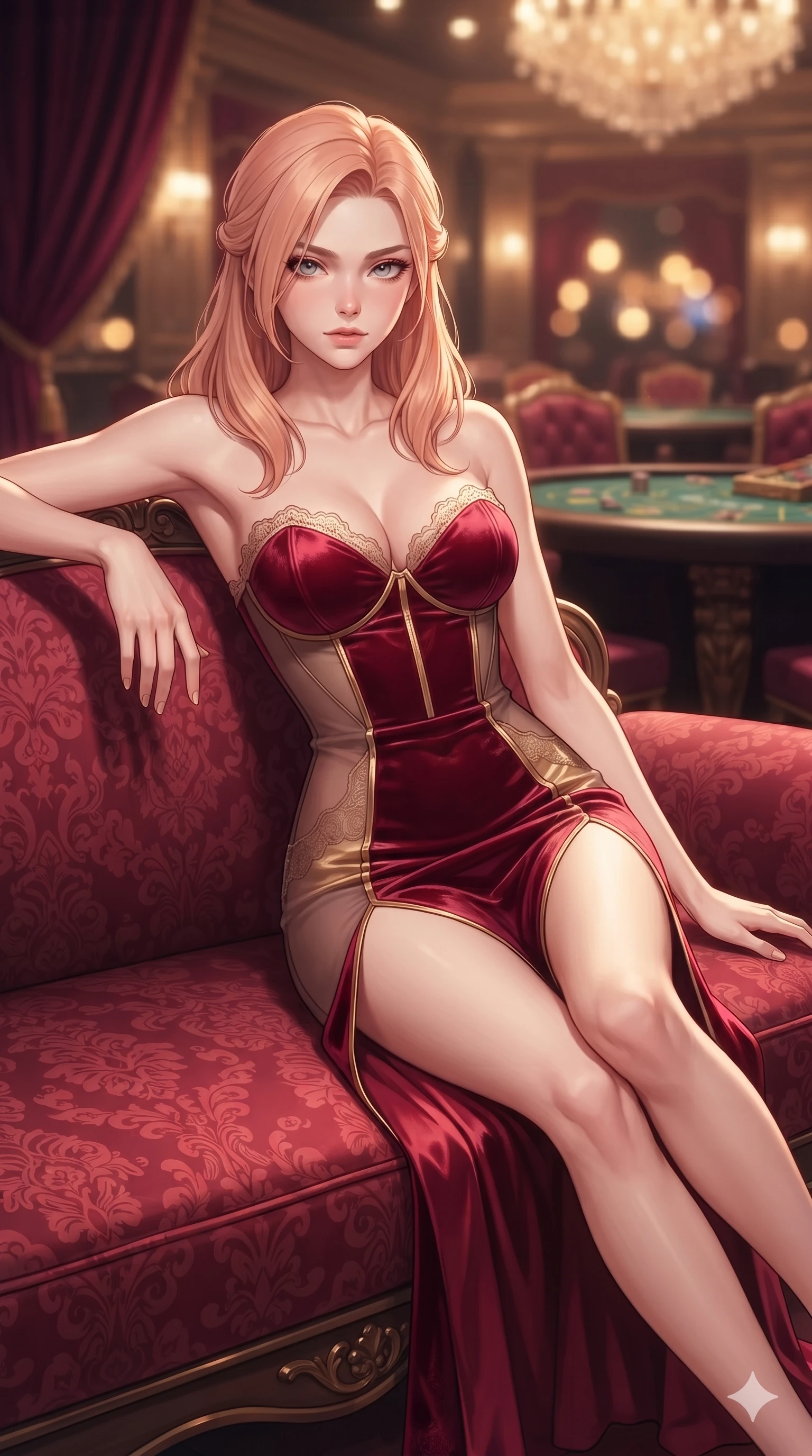 score_9, masterpiece, best quality, ultra-detailed, high-budget anime keyframe, editorial fashion photography, tasteful artistic composition, Japanese woman. close-up cowboy shot from the waist and thighs up, the character dominates the composition, filling the frame with her large presence. leaning back with relaxed seductive grace, her sculpted collarbones and narrow waist highlighted as she casts smoldering bedroom-eyes directly into the camera while lounging gracefully across the crimson damask settee propped on one elbow with legs extended, displaying her long slender limbs and statuesque presence. The composition keeps background elements in soft focus with creamy bokeh: glamorous high-roller salon ambience softened in private VIP casino hall shallow focus. She has an exceptionally elegant, slender, and willowy female figure with an ultra-slim waist, flat toned midriff, narrow ribcage, and sculpted feminine hips creating an alluring, slim hourglass silhouette without bulk. sharp v-shaped jawline, high-bridge nose, intricate jewel-like eyes with depth, thick eyelashes, glossy parted lips with a natural sheen, intensely captivating and seductive bedroom-eyes expression, flawlessly proportioned anatomical accuracy, strict slender model proportions, natural body alignment, perfectly sculpted long slender limbs, ultra-slim waistline, clean dynamic posture without body distortion. wearing a form-fitting corseted satin bustier evening gown with sheer side waist panels and dramatic leg slit in royal crimson velvet and burnished gold, woven from buttery-soft stretch lambskin leather adhering to her body like a second skin, finished with scalloped eyelash lace trim framing her sweetheart neckline with intimate elegance, the impeccably tailored cut draping gracefully along her slender figure with aristocratic poise. bathed in soft 2400K chandelier warmth contrasted with crisp specular highlights dancing across her satin gown. ultra-reflective glossy finish, specular highlights, rich textural contrasts, high-contrast stereoscopic depth, volumetric dynamic lighting, 2k, ultra detail, master piece, 9:16 ratio
