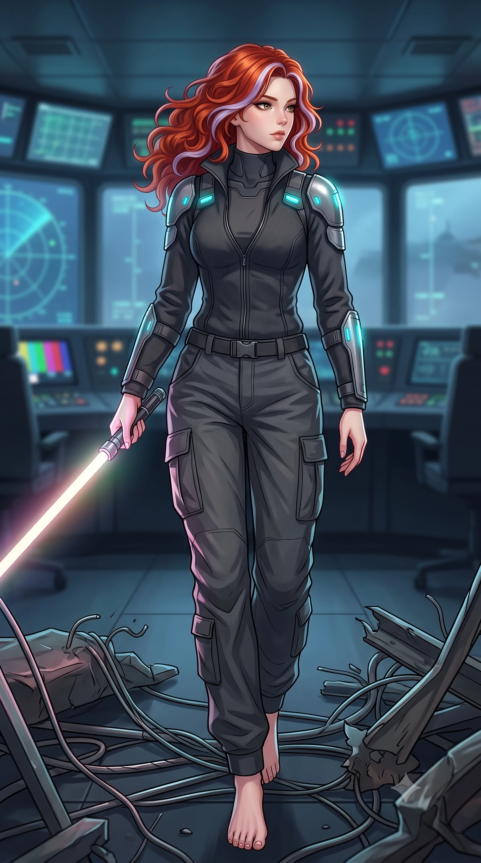 score_9, masterpiece, best quality, ultra-detailed, high-budget anime keyframe, editorial fashion photography, tasteful artistic composition, Caucasian woman. low angle full-body shot from head to toe showing her feet, filling the entire 9:16 vertical frame with her statuesque presence, stretching her vertical silhouette. stepping gracefully through battlefield debris with a glowing saber hilt in hand, looking back over her shoulder, the background shows a soft-focus a submarine bridge deck with panoramic screens showing sonar grids. She has an absolutely perfect, statuesque 8.5-heads proportion, an exceptionally tall and slender model-like female figure with impossibly long slender legs and an ultra-slim waist. sharp v-shaped jawline, high-bridge nose, intricate jewel-like eyes with depth, thick eyelashes, glossy lips with a natural sheen. wearing a body-hugging comfortable charcoal fleece flight jacket over a protective high-neck undershirt and utility cargo pants. cool cyan indicator lights reflecting off her metallic armor and collarbone. highly saturated vibrant anime colors, detailed shading with soft gradients, rich glossy textures, high-contrast stereoscopic depth, volumetric dynamic lighting, master piece, 9:16 ratio