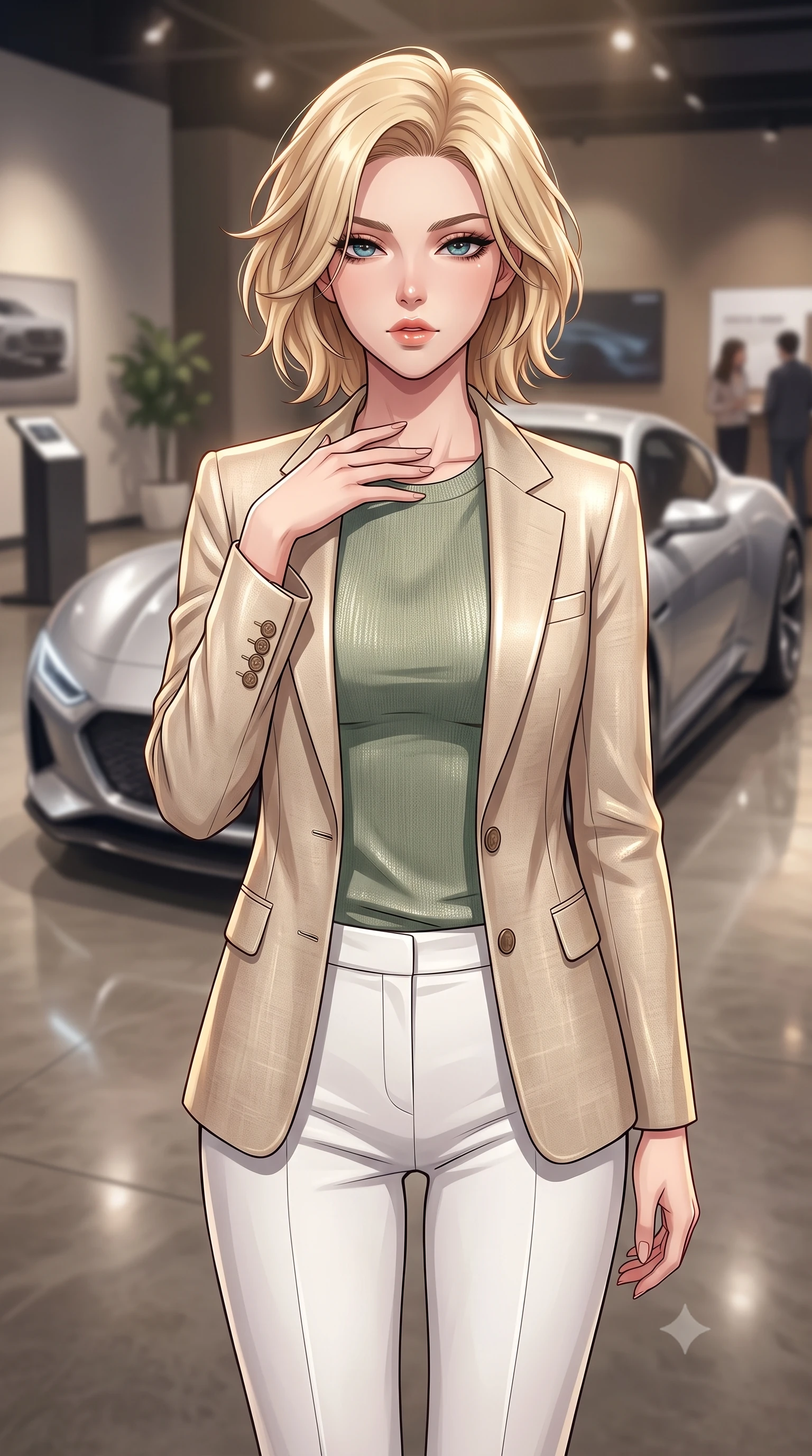 score_9, masterpiece, best quality, ultra-detailed, high-budget anime keyframe, tasteful artistic composition, Caucasian woman. close-up cowboy shot from the waist and thighs up, the character dominates the composition, filling the frame with her large presence, background elements kept in soft focus. standing with one hand resting on her collarbone, looking at the viewer with bedroom-eyes the background shows a soft-focus an indoor showroom with polished concrete floors reflecting a silver concept car. She has an exceptionally elegant, slender, and willowy female figure with an ultra-slim waist, a gracefully sculpted slender torso, and a refined silhouette. sharp v-shaped jawline, high-bridge nose, intricate jewel-like eyes with depth, thick eyelashes, glossy lips with a natural sheen. wearing a slim-fit tailored beige linen blazer over a sage green knit top and white trousers. soft spotlighting highlighting the metallic sheen and glossy finish of the outfit. highly saturated vibrant anime colors, cel-shading, 2d style, master piece, 9:16 ratio