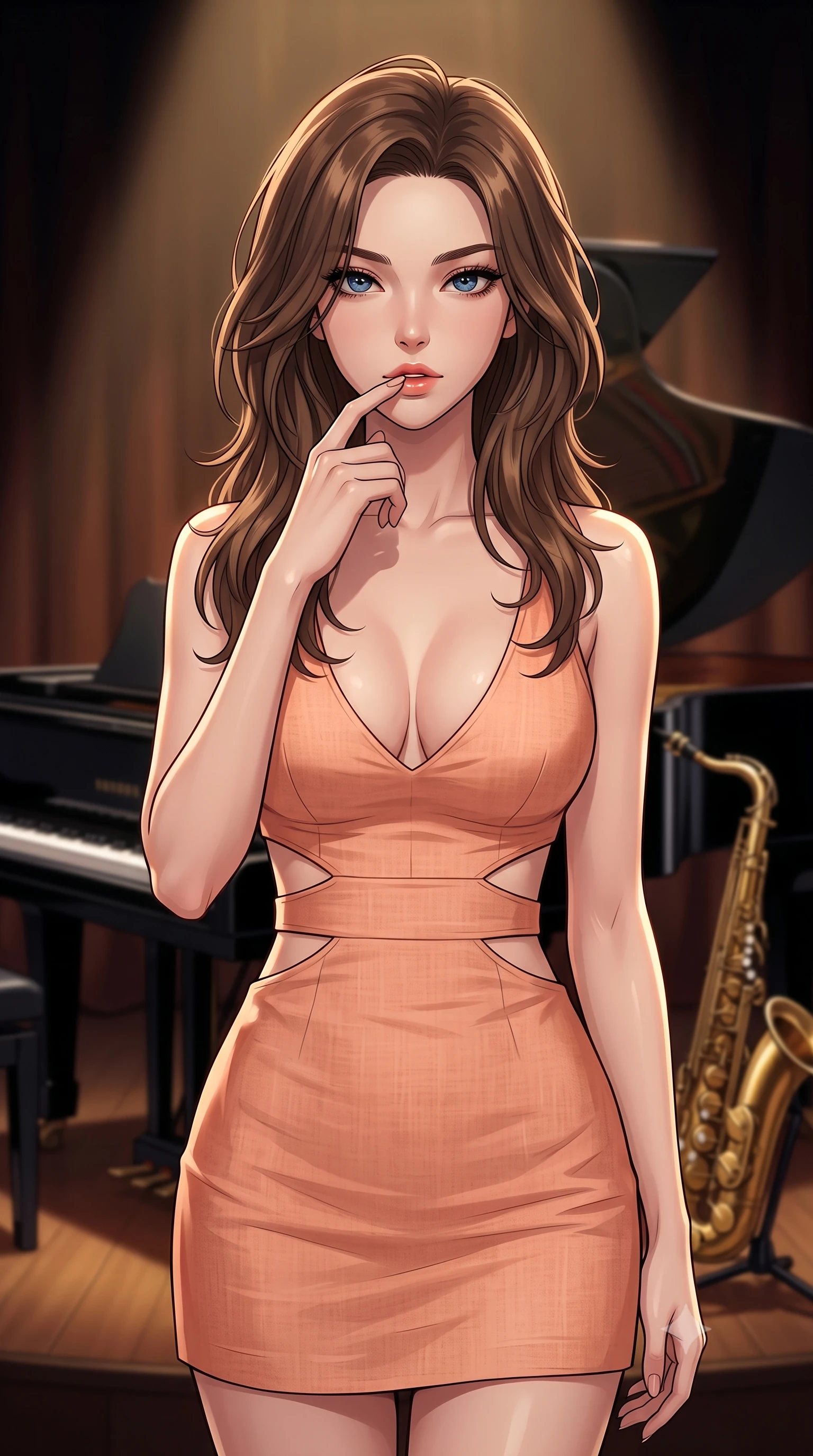 score_9, masterpiece, best quality, ultra-detailed, high-budget anime keyframe, tasteful artistic composition, Korean woman. close-up cowboy shot from the waist and thighs up, the character dominates the composition, filling the frame with her large presence, background elements kept in soft focus. pressing one finger to her bottom lip in a thoughtful, seductive gesture under the warm sun the background shows a soft-focus a dimly lit jazz lounge stage next to a glossy black grand piano and a brass saxophone. She has an exceptionally elegant, slender, and willowy female figure with an ultra-slim waist, a gracefully sculpted slender torso, and a refined silhouette. sharp v-shaped jawline, high-bridge nose, intricate jewel-like eyes with depth, thick eyelashes, glossy lips with a natural sheen. wearing a tailored summer sundress with double waist cutouts and a plunging neckline in peach linen. a single warm spotlight tracing her statuesque posture against the dark backdrop. highly saturated vibrant anime colors, cel-shading, 2d style, master piece, 9:16 ratio
