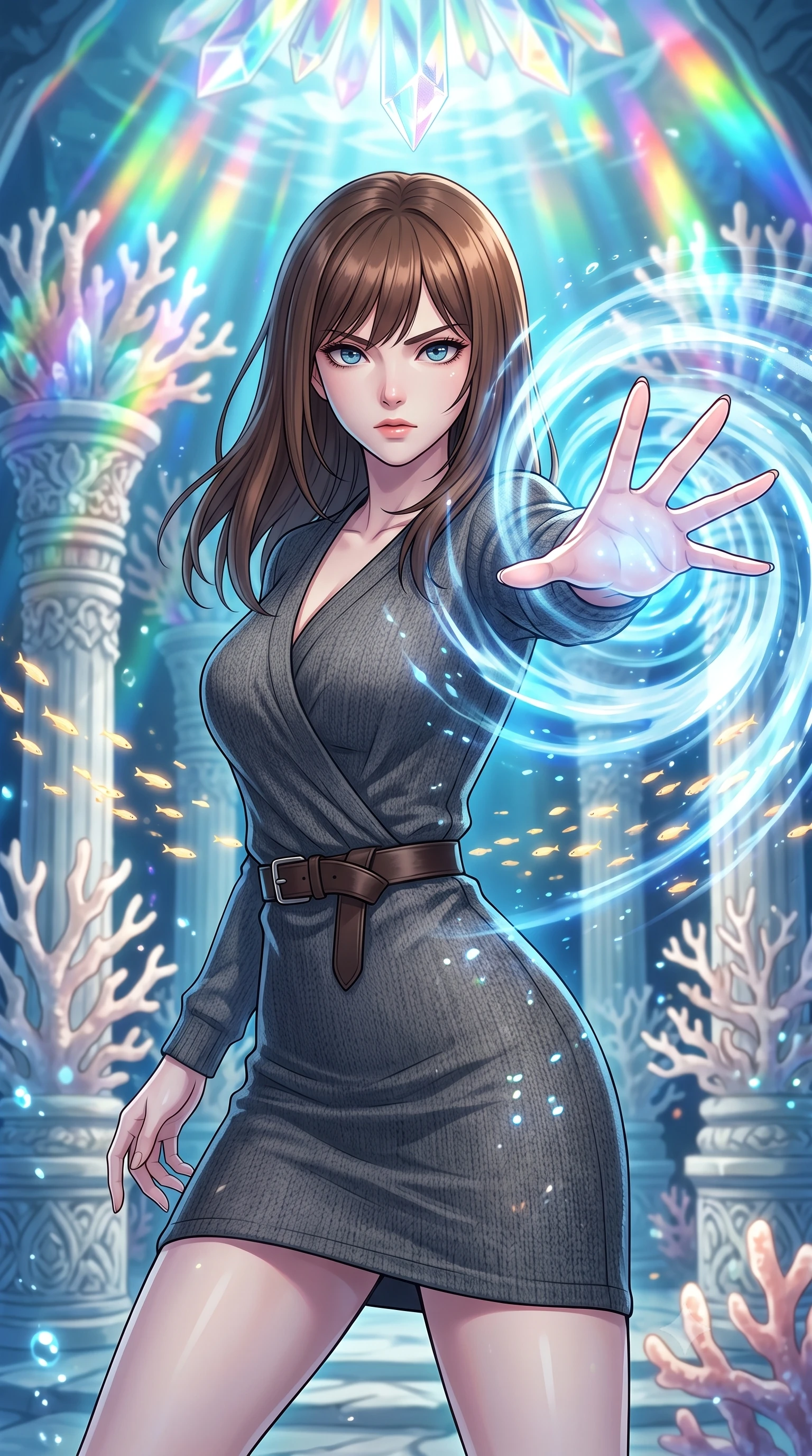 score_9, masterpiece, best quality, ultra-detailed, high-budget anime keyframe, clean line-art, cel-shading, Korean woman. close-up cowboy shot from the waist and thighs up, the character dominates the composition, filling the frame with her large presence, background elements kept in soft focus. Unleashing a wave of force with an outstretched hand, her gaze locked on the target. set against a soft-focus background of an underwater temple built of fossilized white coral, where glowing golden light-fish swim in schools between stone pillars. She has an exceptionally elegant and slender, willowy female figure with an ultra-slim waist, a gracefully sculpted slender torso, and a refined slim physique. sharp v-shaped jawline, high-bridge nose, intricate jewel-like eyes with depth, thick eyelashes, glossy lips with a natural sheen. wearing catching and diffusing the glowing particles, shimmering softly in response to the surrounding light, a body-hugging charcoal grey wrap-style knit dress in wool, cinched with a dark brown leather belt. cascading rainbow prismatic light refracting through crystal formations overhead. highly saturated vibrant anime colors, intense vivid color palette, volumetric dynamic lighting, 2k, ultra detail, master piece, 9:16 ratio