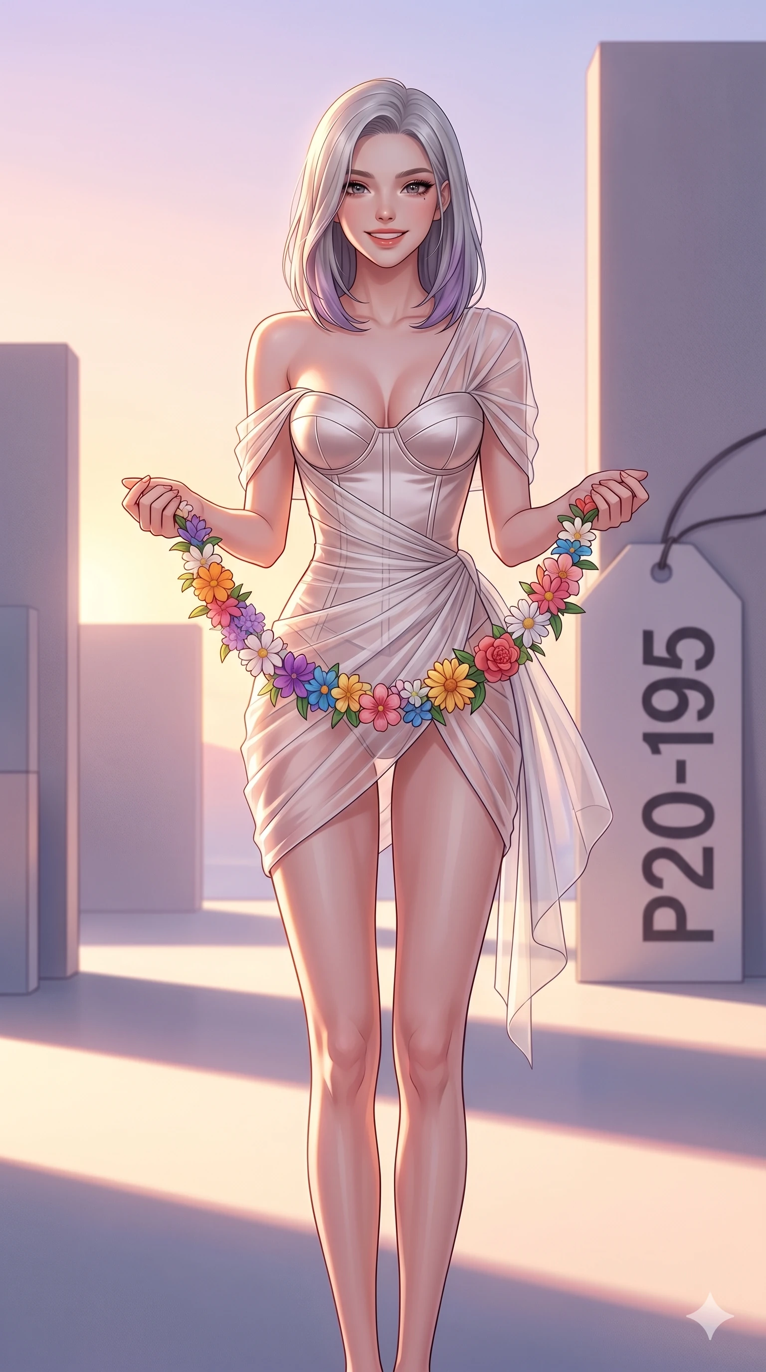score_9, masterpiece, best quality, ultra-detailed, high-budget anime keyframe, vibrant anime aesthetic, Caucasian woman, strictly human ears. cowboy shot from the thighs up, character and outfit filling the frame for maximum presence. She is holding a flower garland with a joyful smile, looking directly at the lens inside a high-fashion editorial set at midday (Code-P20-195). She has an absolutely perfect 8-heads proportion, an exceptionally tall and slender female figure with impossibly long slender legs and an ultra-slim waist. V-shaped jawline, high-bridge nose, intricate jewel-like eyes with depth, thick eyelashes, glossy lips with a natural sheen. wearing a structured satin corset showing her cleavage paired with a transparent wrap. She is bathed in soft, warm sunrise glow that casts long elegant shadows on the terrace. 2k, ultra detail, master piece, 9:16 ratio