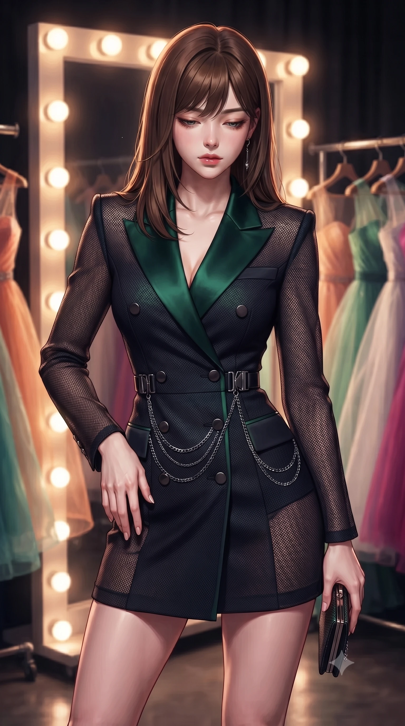 score_9, masterpiece, best quality, ultra-detailed, high-budget anime keyframe, editorial fashion photography, tasteful artistic composition, Korean woman. close-up cowboy shot from the waist and thighs up, the character dominates the composition, filling the frame with her large presence, background elements kept in soft focus. Looking down with lowered lashes and a composed, powerful dark aura, poised before a giant Hollywood mirror surrounded by racks of floating organza gowns, sharp v-shaped jawline and glossy lips glinting under key studio rays. She has an exceptionally elegant, slender, and willowy female figure with an ultra-slim waist, a gracefully sculpted slender torso, and a refined silhouette. sharp v-shaped jawline, high-bridge nose, intricate jewel-like eyes with depth, thick eyelashes, glossy lips with a natural sheen. wearing tailored double-breasted obsidian blazer dress with silk lapels in deep emerald green, made of fine dark contouring mesh, framed by dark titanium buckles and silver chain details, sculpting her athletic slender build with refined precision. illuminated by warm glowing vanity bulbs casting multi-directional rim lights. highly saturated vibrant anime colors, detailed shading with soft gradients, rich glossy textures, high-contrast stereoscopic depth, volumetric dynamic lighting, master piece, 9:16 ratio