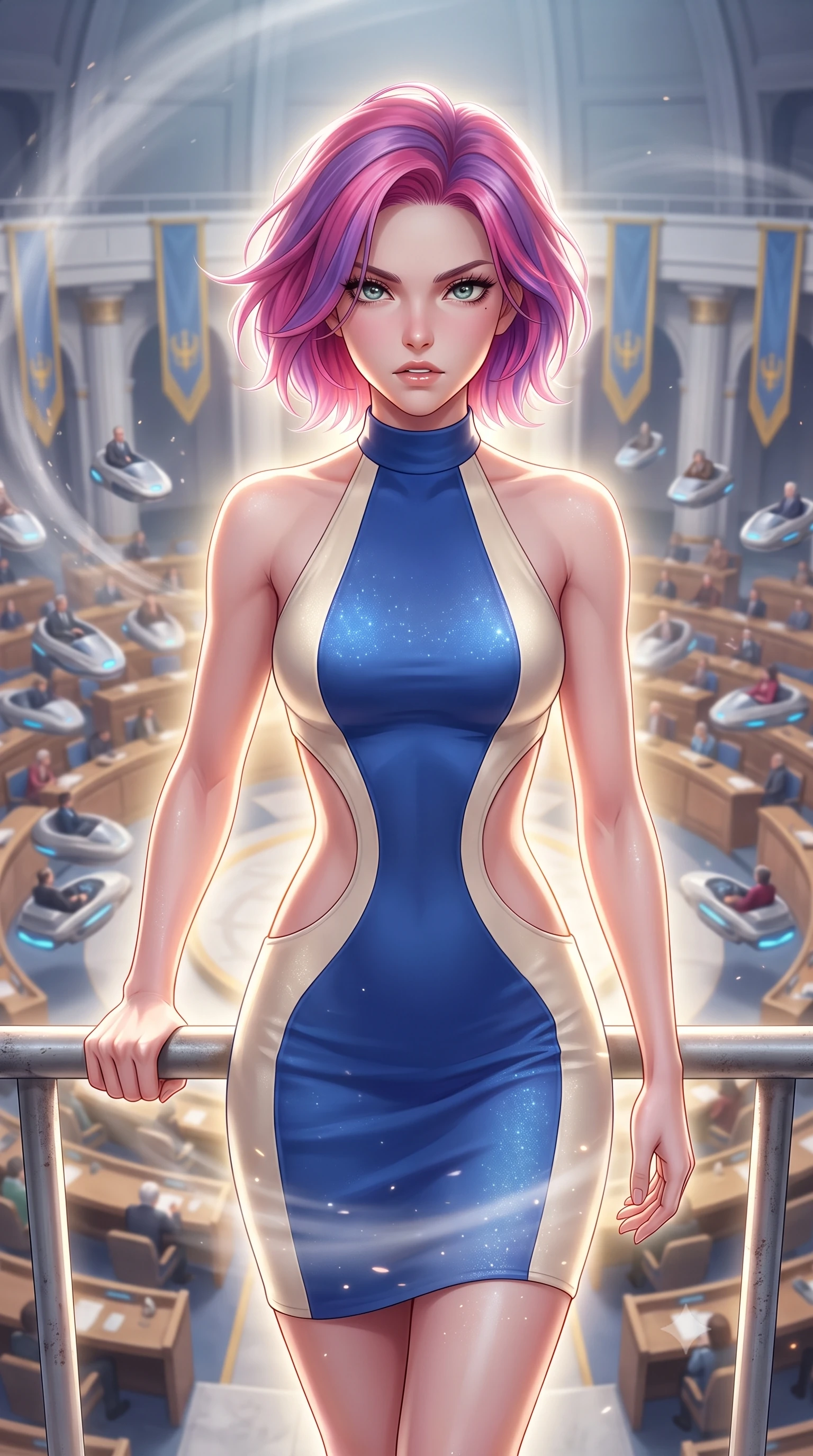 score_9, masterpiece, best quality, ultra-detailed, high-budget anime keyframe, editorial fashion photography, tasteful artistic composition, Caucasian woman, strictly human ears. close-up cowboy shot from the waist and thighs up, the character dominates the composition, filling the frame with her large presence, background elements kept in soft focus. Bracing against the hull decompression wind, her expression resolute and hand gripping a metal safety rail. set against a soft-focus background of a balcony overlooking a colossal circular senate chamber filled with floating repulsor-pods, gold and blue banners hanging. She has an exceptionally elegant and slender, willowy female figure with an ultra-slim waist, a gracefully sculpted slender torso, and a refined slim physique. sharp v-shaped jawline, high-bridge nose, intricate jewel-like eyes with depth, thick eyelashes, glossy lips with a natural sheen. wearing catching and diffusing the glowing particles, shimmering softly in response to the surrounding light, a tailored structured halter-neck bodycon dress in two-tone cobalt blue and cream, with dramatic curved cutouts at the sides of the torso. highly saturated vibrant anime colors, intense vivid color palette, soft 3D volumetric shading, volumetric dynamic lighting, dramatic backlight creating a radiant halo effect around her entire silhouette. 2k, ultra detail, master piece, 9:16 ratio